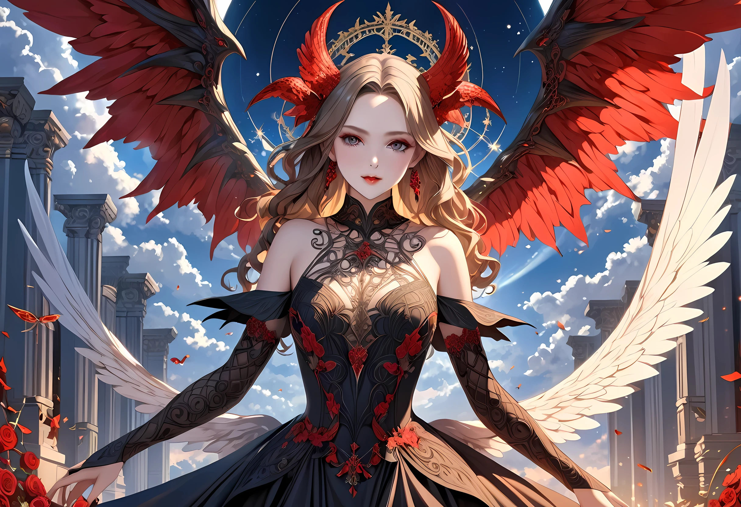 fantasy art, RPG art a picture of ((2 women)), BREAK a female angel (Masterpiece, intricate details: 1.3), wearing dress, pale skin, best details beautiful face (Masterpiece, intricate details: 1.3), blond hair, long hair wavy hair (Masterpiece, intricate details: 1.3), blue eyes, high heeled boots, wearing a dress (Masterpiece, intricate details: 1.3), large angelic wings, white angelic wings spread BREAK ((AND)) a female demon (Masterpiece, intricate details: 1.3), demon, red skin (Masterpiece, intricate details: 1.3), demonic wings, black demonic wings spread, demonic horns(Masterpiece, intricate details: 1.3), red skin ((Masterpiece, intricate details: 1.3), black hair, red eyes, best details beautiful face ((Masterpiece, intricate details: 1.3), wearing a dress (Masterpiece, intricate details: 1.3), high heels, in the border between heaven and hell, moon, stars, clouds, god rays, soft natural light silhouette, dynamic angle, photorealism, panoramic view (Masterpiece 1.3, intense details) , Wide-Angle, Ultra-Wide