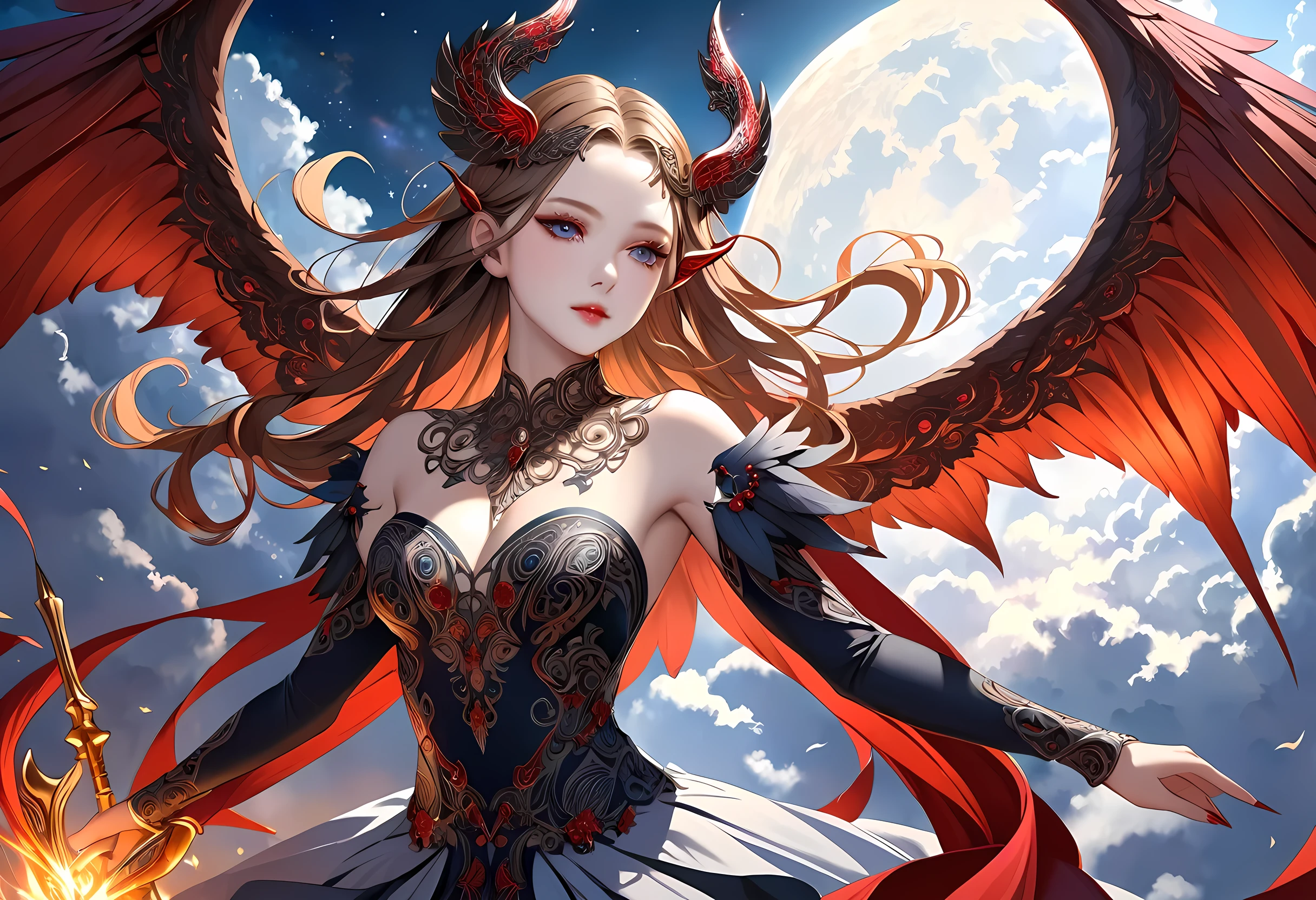 fantasy art, RPG art a picture of ((2 women)), BREAK a female angel (Masterpiece, intricate details: 1.3), wearing dress, pale skin, best details beautiful face (Masterpiece, intricate details: 1.3), blond hair, long hair wavy hair (Masterpiece, intricate details: 1.3), blue eyes, high heeled boots, wearing a dress (Masterpiece, intricate details: 1.3), large angelic wings, white angelic wings spread BREAK ((AND)) a female demon (Masterpiece, intricate details: 1.3), demon, red skin (Masterpiece, intricate details: 1.3), demonic wings, black demonic wings spread, demonic horns(Masterpiece, intricate details: 1.3), red skin ((Masterpiece, intricate details: 1.3), black hair, red eyes, best details beautiful face ((Masterpiece, intricate details: 1.3), wearing a dress (Masterpiece, intricate details: 1.3), high heels, in the border between heaven and hell, moon, stars, clouds, god rays, soft natural light silhouette, dynamic angle, photorealism, panoramic view (Masterpiece 1.3, intense details) , Wide-Angle, Ultra-Wide