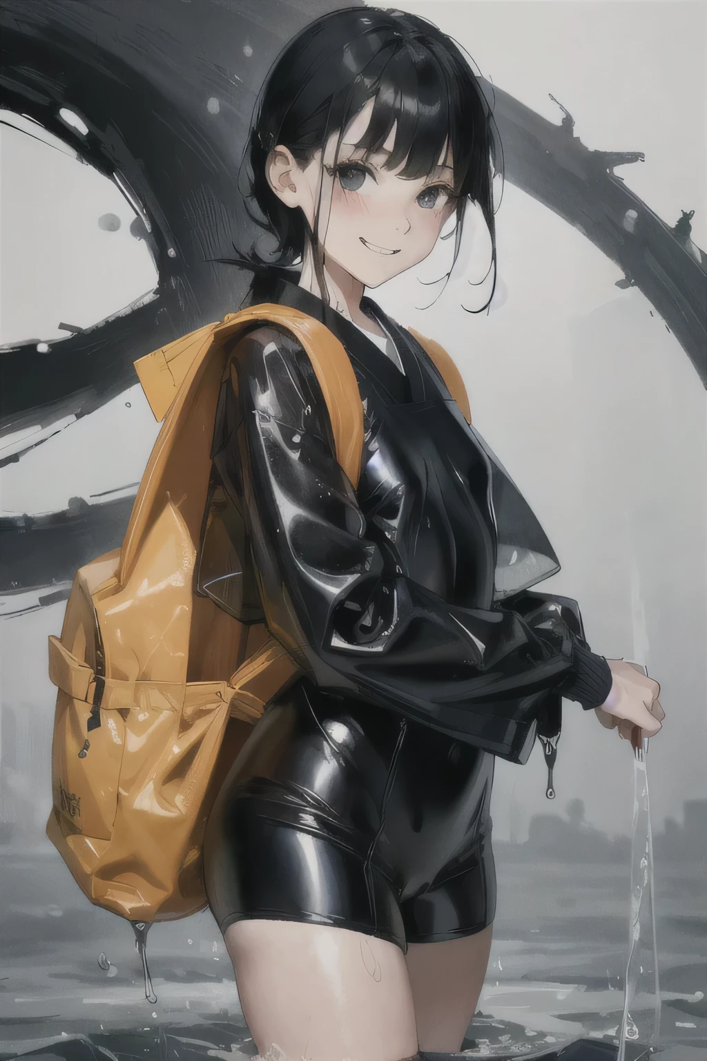 8 year old girl, Solitary, rest, Double tail, Black Hair, bangs bangs, Brown pupils, Long eyelashes, beautiful eyes, (flat chest), lips, Meat Leg, permanent, hair clipss, Uniforms,Japanese sailor suit,Knee socks, Lando Seru Backpack,(many, Impressionism, painting)、Disheveled、Clothing that fits snugly,Chest contour、(((Wet clothing))(((Ultra-thin clothing))),((Flesh outline)),Grinning