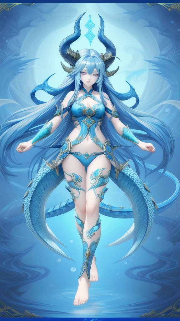 The blue long-haired goddess has dragon horns, tail, claws, bikini, dragon scales tattoos on her feet,Sea