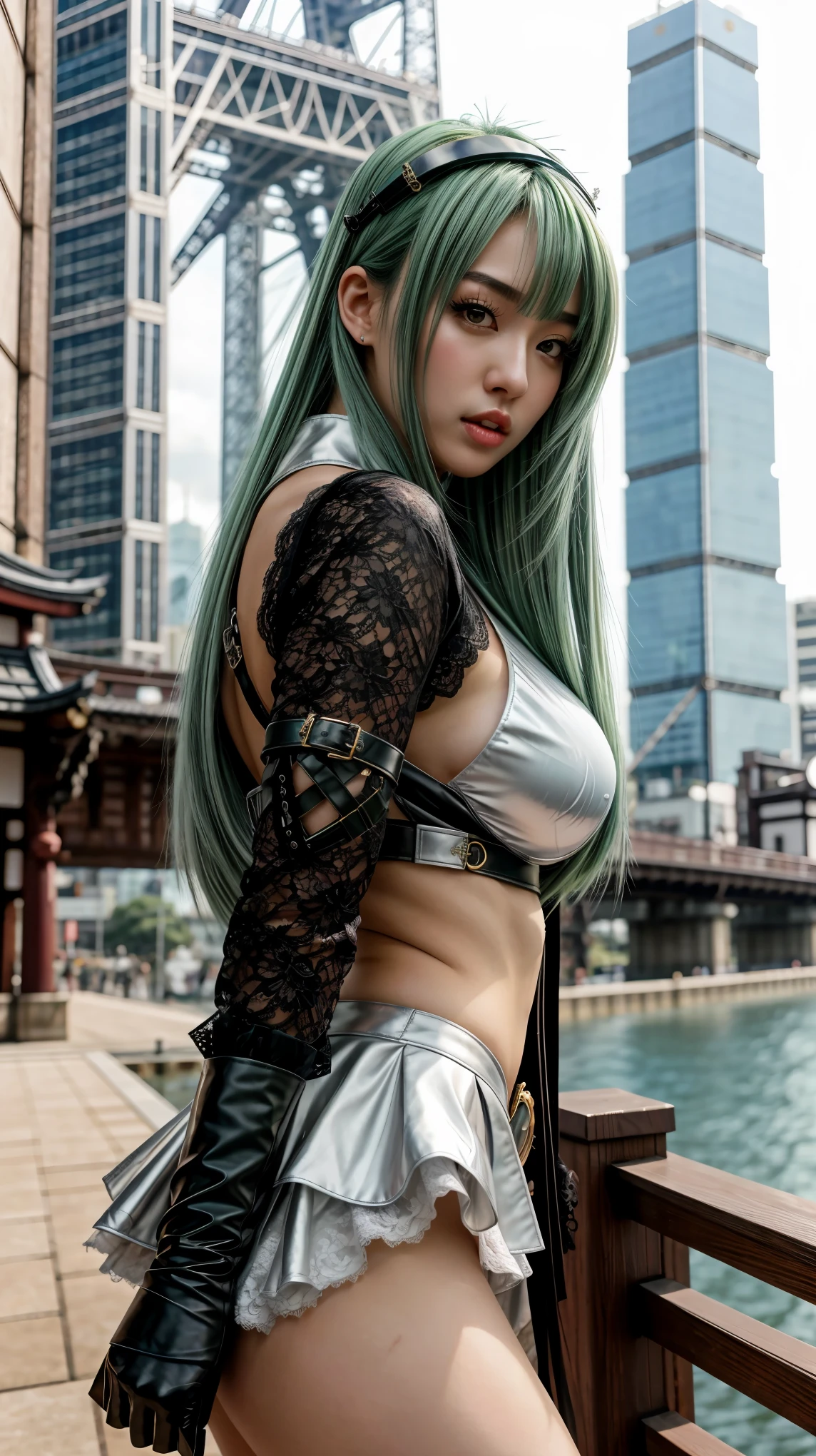 8K , Japanese Idol , Baby Face , Cute , Masterpiece , 18 Yearsold , Woman Pirates Uniform Cosplay , Lace , Gloves , Ultra Large Bare Breast , Posing , Muscular , Sexy Look , Dramatic Pictures , Gorgeous , Effiel Tower Background , Extremely Detailed , Open Mouth , ((Hair Blowing:1.3)) , Silver-Green Hair