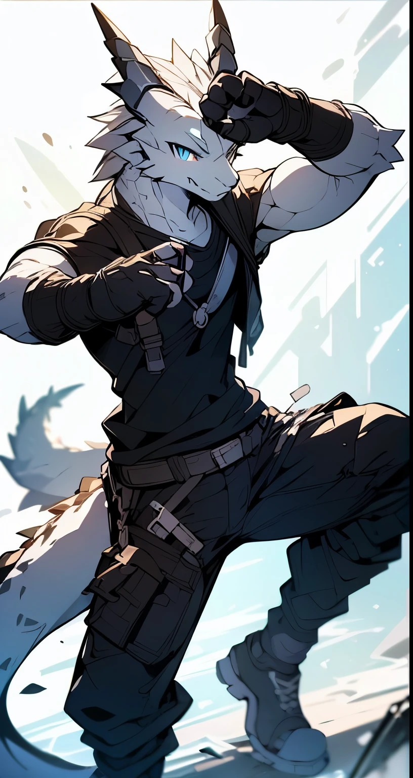 Masterpiece, Cool Pose, Furry Gray Dragon, Medium Strong Body, Blue Eyes, Grey Medium Hair, Combat Black Shirt, Combat Gloves, Combat Pants, Fierce, Good looking