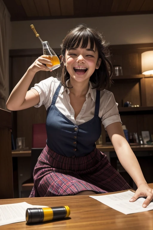 five years old girl sitting at her desk with a bottle of booze, completly drunk, silly drunk smile, loosing control, leaning forward, silly happy drunken face, stupid drunken expression, drunk facial expression, swaying drunkenly, no balance, drunk, swaying drunkenly, exaggerated swaying, happy drunk expression, stumbling, voluptuous, weaving drunkenly, slumping, losing her balance, obviously extremely drunk, stumbling, drunk facial expressions, trying to keep her balance, stumbling, swaying, weaving, staggering, obviously drunk fashion, swaying, complete drunken mess, losing balance repeatedly, losing her balance