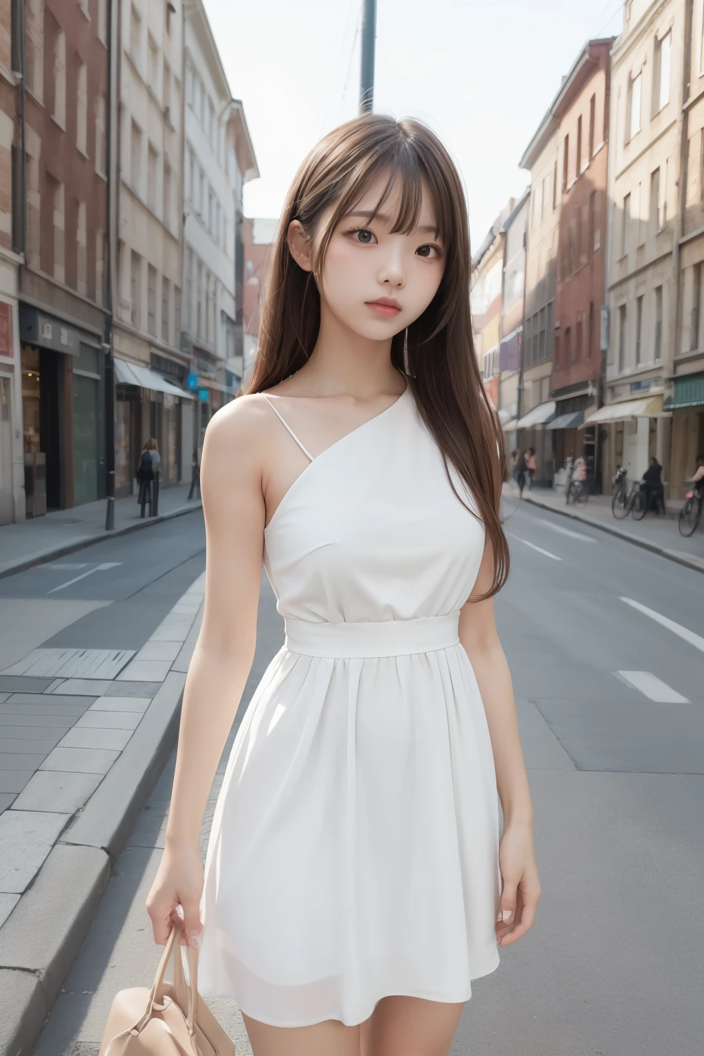 1girl,highres, high quality, masterpiece, bare shoulder, white dress, breakwater, dyke,