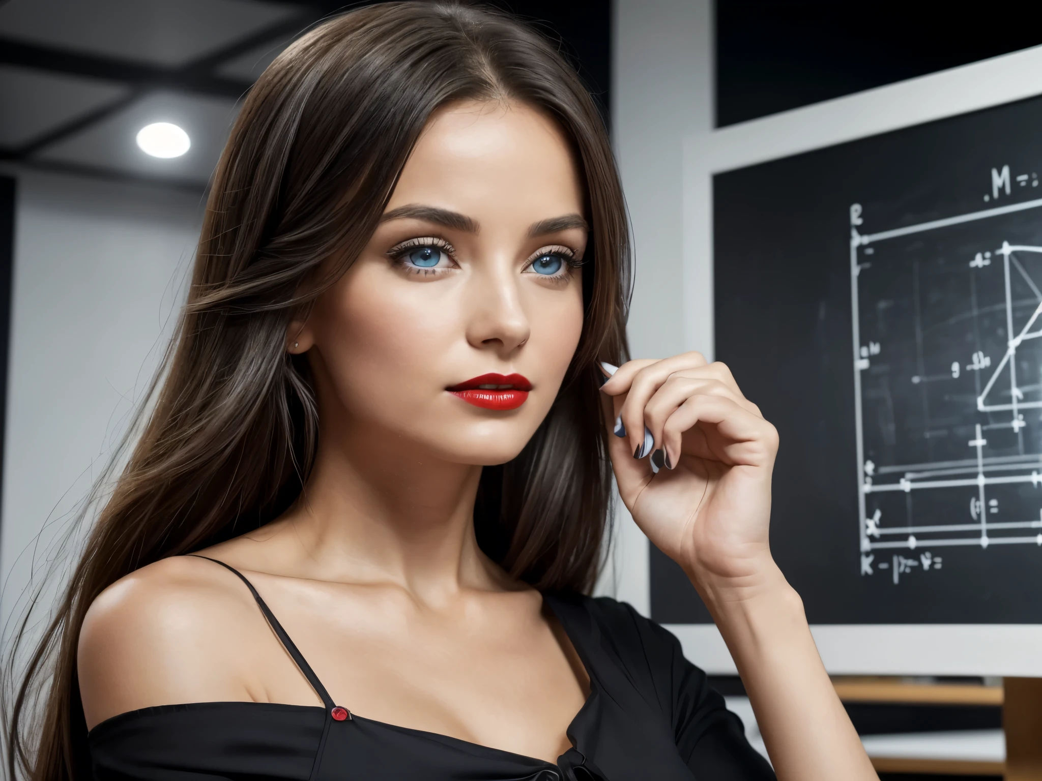 ((Best quality, Extremely detailed:1.8, hyperRéaliste:1.5, photorealistic:1.5, grande profondeur de champ, vue de face)), ((femme debout habillée en blanc, she has a serious pose)),((Dans une salle de conférence une physicienne donne un cours, elle est devant un immense tableau noir où sont écrits beaucoup d'équations mathématiques et beaucoup de schémas scientifiques, corps entier, le tableau recouvre tout le mur, chalk writing)), general relativity equations, quantum mechanics riding, schrodinger equation:1.6, diagram of a black hole:1.1,  ((detailed woman face looking at camera, yeux bleus, Red lips)),  correct deformed fingers, (photorealistic), sharp eyes, (elle porte une longue blouse blanche de chimiste décolletée), poitrine push-up, very thin waist, jambes longues, longues jambes,  fine and detailed hands, detailed hairstyle, very long hair