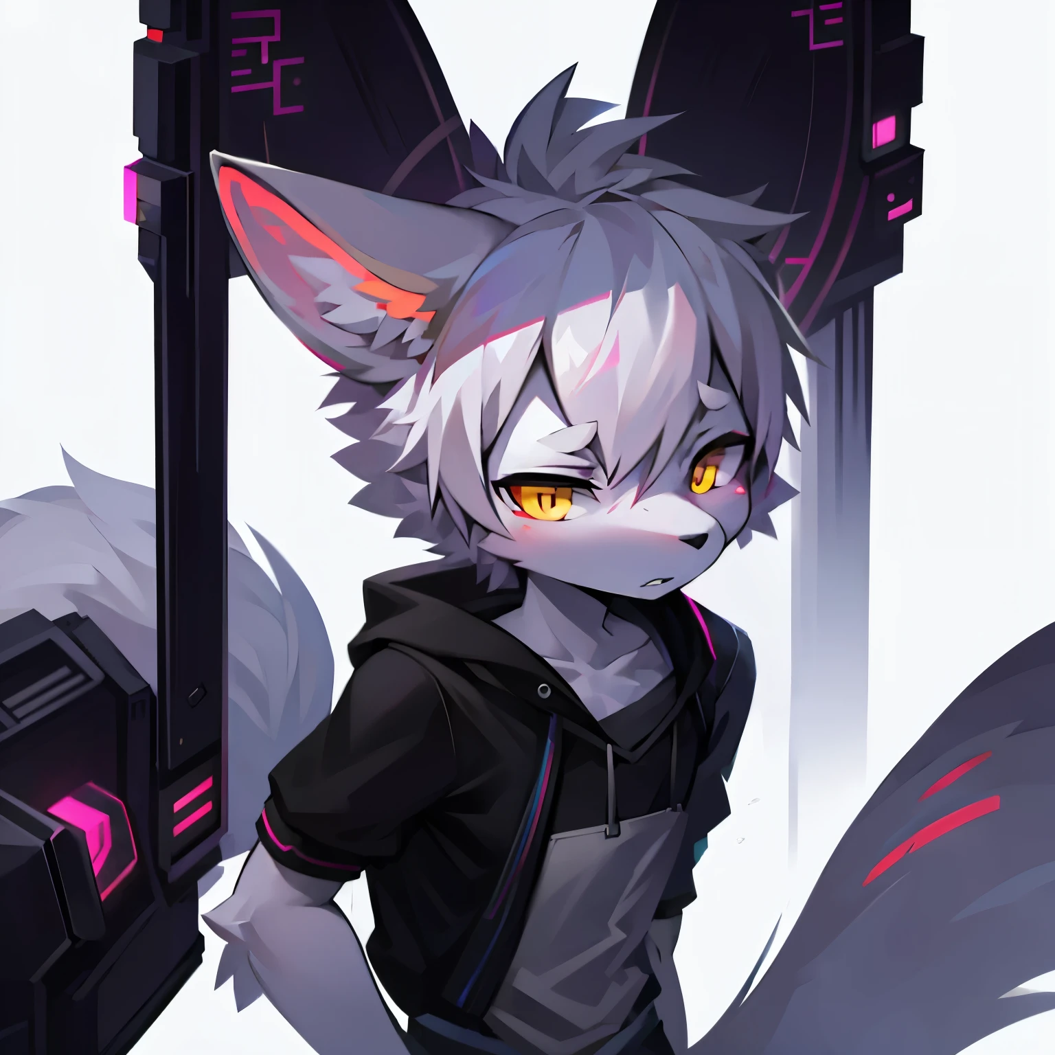collar, (headphones:1.4), short hair, (black hair:1.35), (Thigh Highs:1.45), ((pink eyes:1.45)), ((thin:1.55)), ((canine:1.54)), ((white body:1.36)), child, hoodie, soft, (((master piece))), snow fox, 1boy, neon city, shy, job youtuber or programmer, hide womb tattoo, (cute:1.45), long tail, (wheezing:1.35), (shorts:1.35), intersex, (Goo:1.35), (slime:1.35)