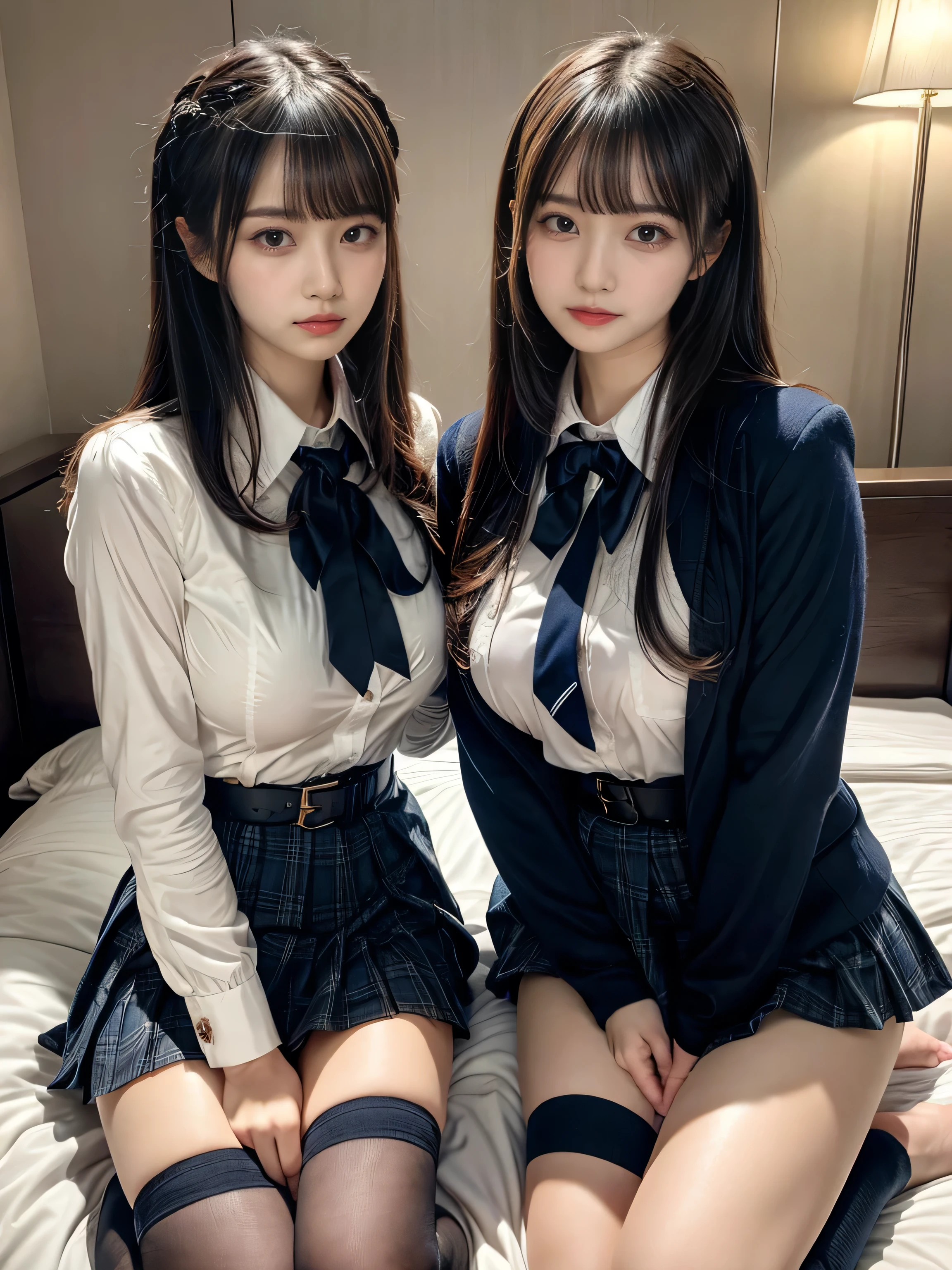 (8K, Raw photography, top-quality, ​masterpiece:1.2), muster piece, best quality, illustration, Super detailed, fine details, High resolution, 8K,wall paper, perfect dynamic composition,(Details High quality, realistic depiction of eyes:1.3), ((2 girls, 2 schoolgirls)), The background is a luxury hotel room、High school girl uniform、blazer 、Super Short Check Uniform Skirt、Navy blue high socks、garterbelts、Colossal tits、Disturbed uniform, Play with each other,Touching each other's bodies,Touching the body of the girl next door, short bob hair, black hair color, huge breasts, Big Natural Color Lip, bold sexy pose, (perfect body shape), crying a little、cold gaze, Harajuku style、Beautiful makeup,glitter makeup,Cutest 18 years old、 beautiful legs, hposing Gravure Idol, Voluptuous thighs