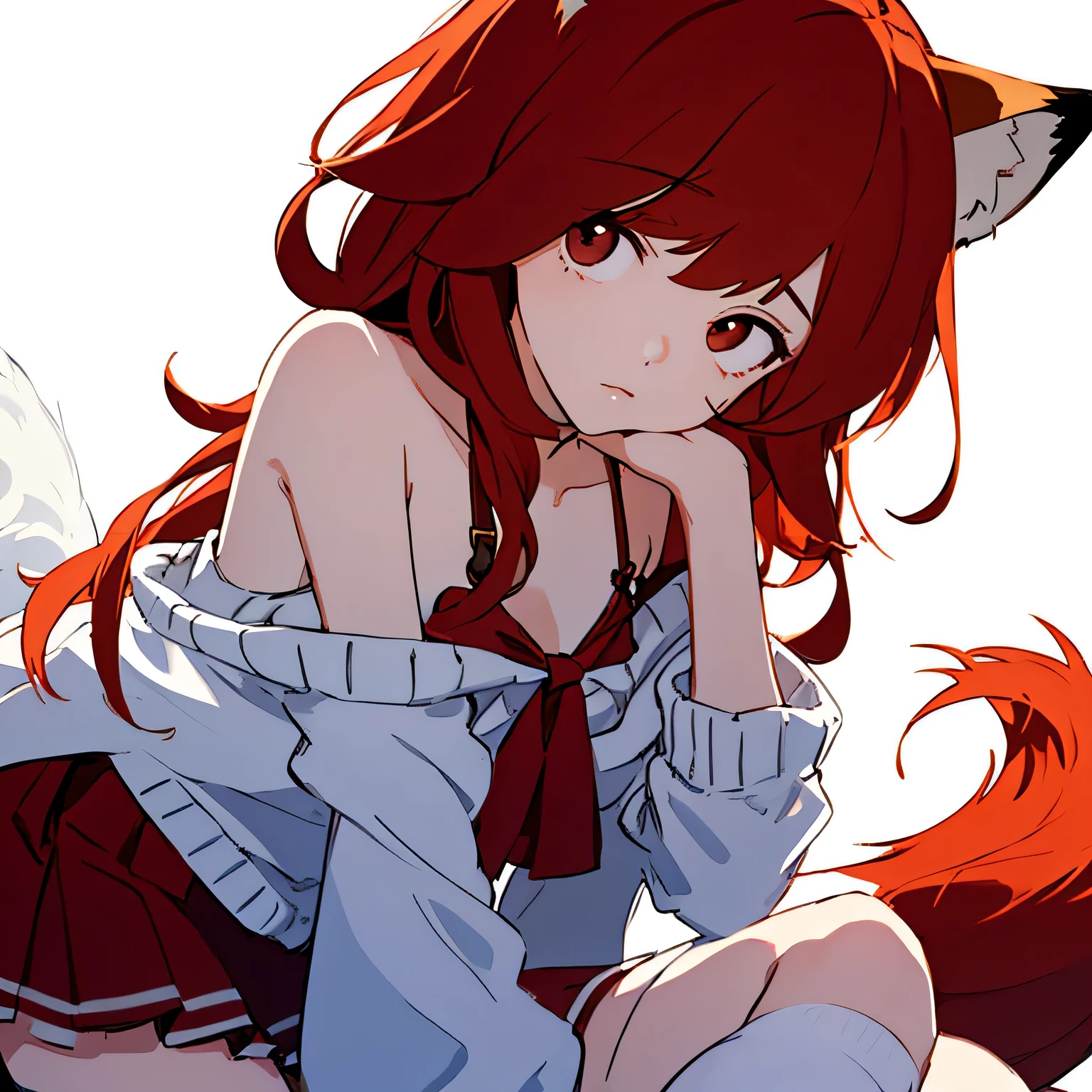 1GIRL, cute girl, finely detailed, (best quality), (intricate details), cute style, vtuber style, red panda style, sleepy style, multicolored, ((medium length red hair)), ((red panda ears)), ((red panda tail)), ((nine tails)), best quality, ((red and white clothes)), ((giant oversized cardigan, lacey cami top, short skirt)), ((thigh high socks)), ((round eyes)), beautiful face, sleepy eyes, cute face, pinup, perfect face, simple background portrait