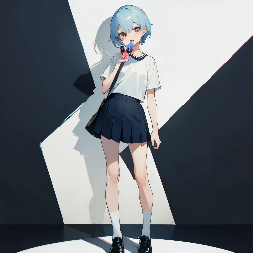 Full body, slim, female, white short sleeved shirt, navy blue mini skirt, white socks, black shoes, standing, candy in mouth, one hand touching lips