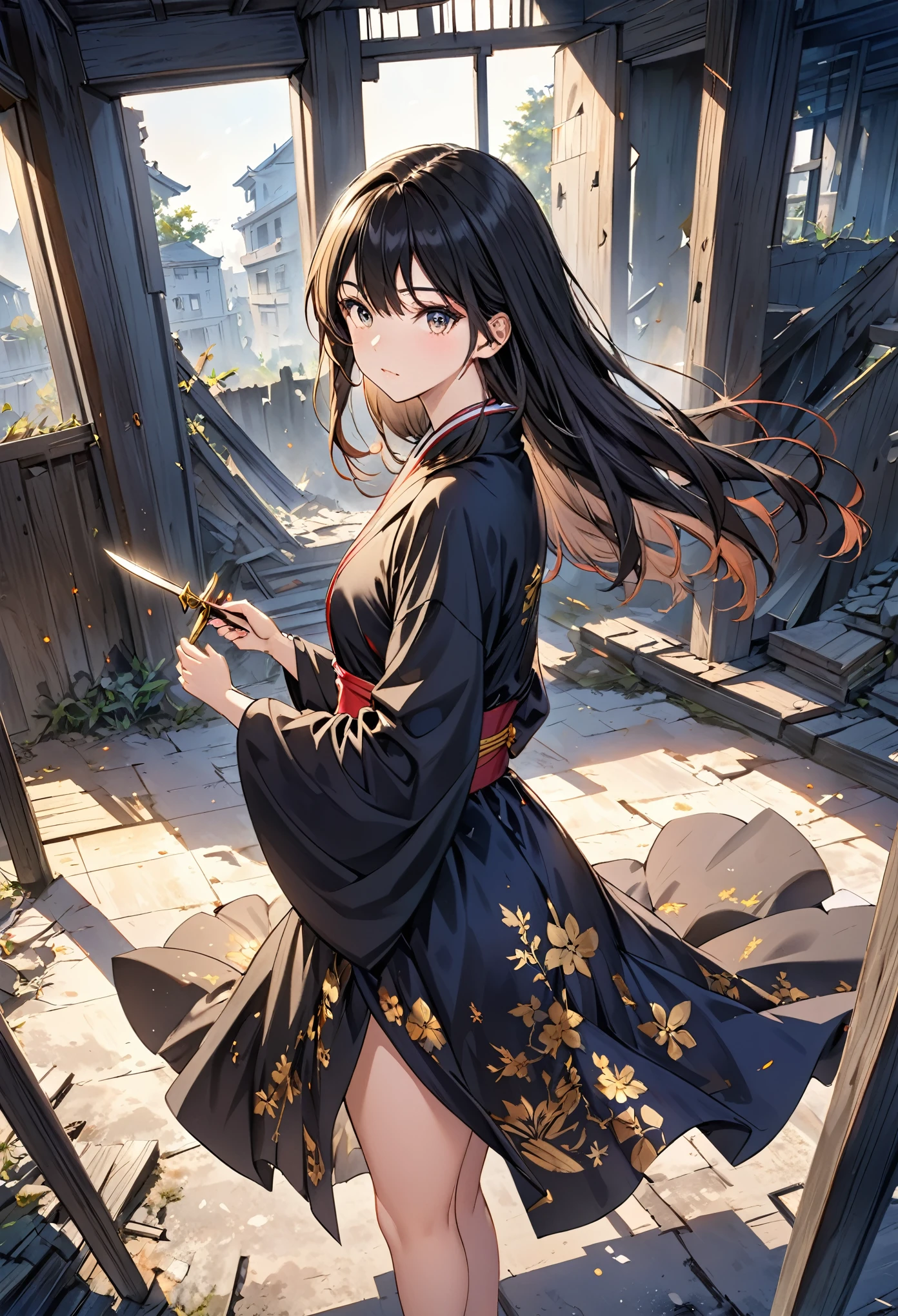 1 Girl, (Well-proportioned body), (Solitary), 19 years old,  HDR, Set, 华 莲 stands in the semi-darkness of a ruined building surrounded by opponents. Her black robe clung to her body., As if with a shadow, The golden pattern on the mask glitters in the dim light. sharp, The elegant blade gleams in her hand.