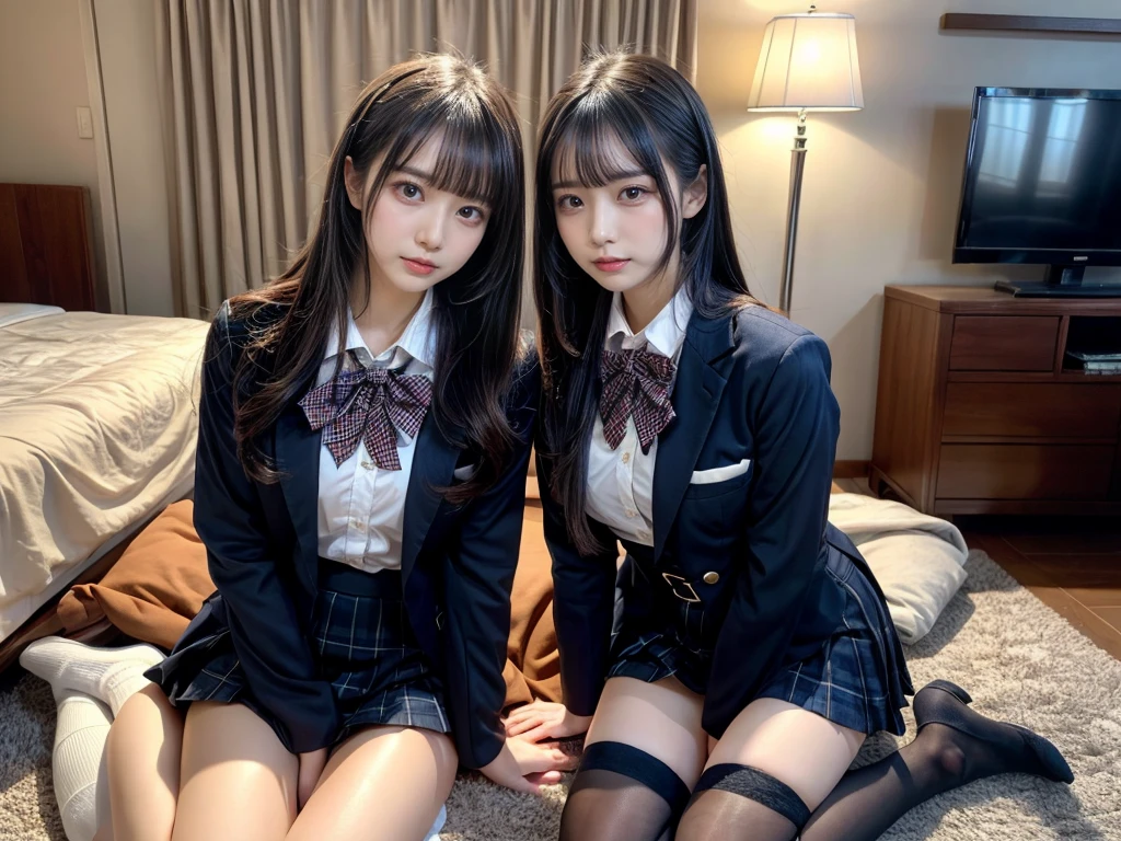 muster piece, best quality, illustration, Super detailed, fine details, High resolution, 8K,wall paper, perfect dynamic composition,(Details High quality, realistic depiction of eyes:1.3), ((2 girls, 2 schoolgirls)), The background is a luxury hotel room、High school girl uniform、blazer 、Super Short Check Uniform Skirt、Navy blue high socks、garterbelts、Colossal tits、Disturbed uniform, Play with each other,Touching each other's bodies,Touching the body of the girl next door, short bob hair, black hair color, huge breasts, Big Natural Color Lip, bold sexy pose, (perfect body shape), crying a little、cold gaze, Harajuku style、Beautiful makeup,glitter makeup,Cutest 18 years old, beautiful legs, hposing Gravure Idol, Voluptuous thighs