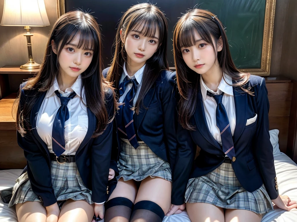 muster piece, best quality, illustration, Super detailed, fine details, High resolution, 8K,wall paper, perfect dynamic composition,(Details High quality, realistic depiction of eyes:1.3), ((2 girls, 2 schoolgirls)), The background is a luxury hotel room、High school girl uniform、blazer 、Super Short Check Uniform Skirt、Navy blue high socks、garterbelts、Colossal tits、Disturbed uniform, Play with each other,Touching each other's bodies,Touching the body of the girl next door, short bob hair, black hair color, huge breasts, Big Natural Color Lip, bold sexy pose, (perfect body shape), crying a little、cold gaze,  Harajuku style、Beautiful makeup,glitter makeup,Cutest 18 years old, beautiful legs, hposing Gravure Idol, Voluptuous thighs