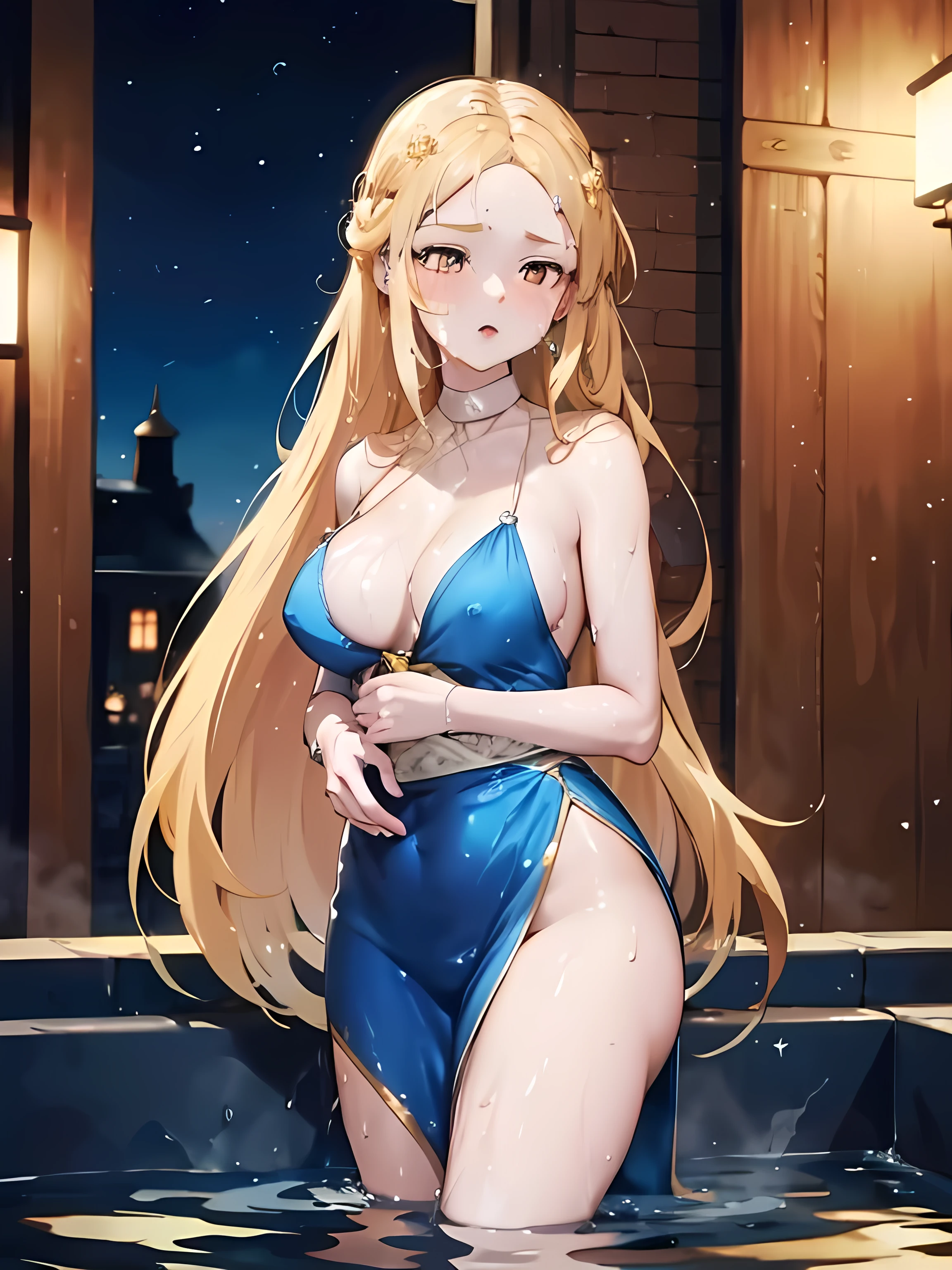 blonde very long hair, red eyes, wearing a sexy blue dress, side slit, ultrasharp, looking at the viewer, ((best quality)), ((masterpiece)), (detailed), perfect face, big breast, sexy body, sexy woman besides her, hugged, An anime scene of two girls hugging and kissing intensely, with hearts and sparkles floating around them as they stand in pool of water