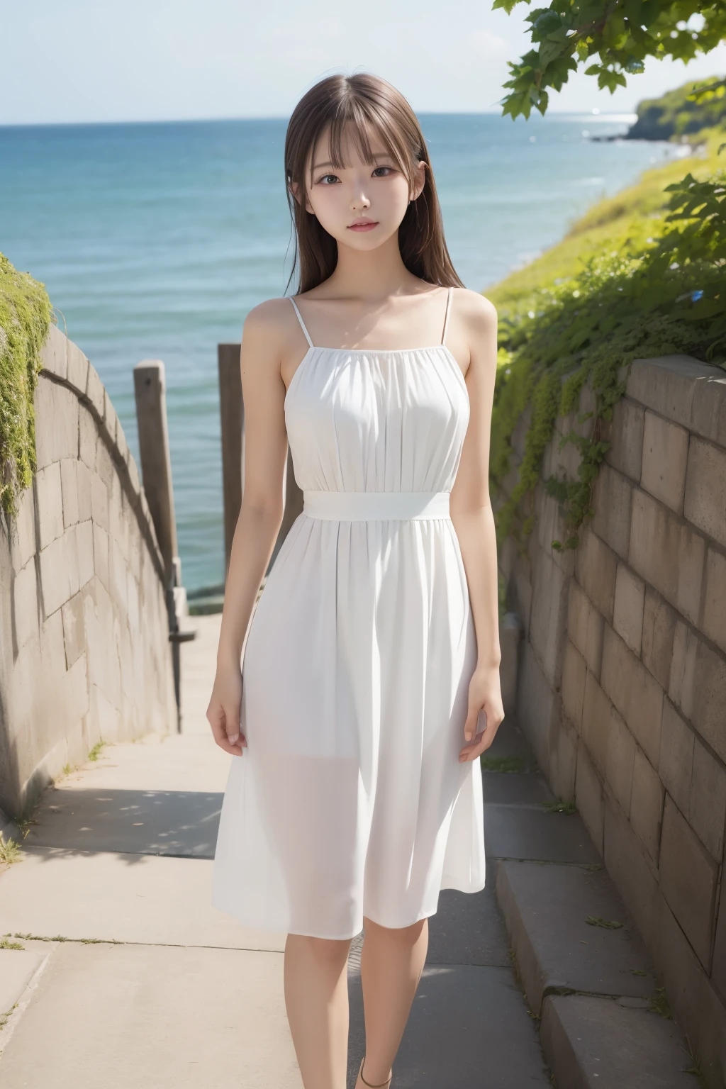 1girl,highres,  high quality,  masterpiece,  bare shoulder, white dress, breakwater, dyke,