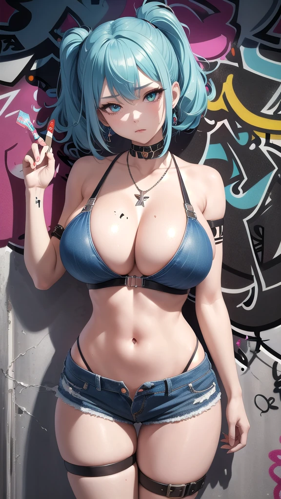 masterpiece, best quality, 1 Girl, Solitary, Crop Top, Denim shorts, Necklace, (Graffiti:1.5), Paint splatter, Put your hands behind your back, Against the wall, looking at the audience, armband, Thigh straps, Apply to body, Head tilt, boring, Colorful hair, Aqua eyes, earphone,Beautiful breasts、Huge breasts:1.4 Huge breasts:1.4,Full, straight breasts,Showing cleavage,Nipple protrusion,Belly button,Thigh straps