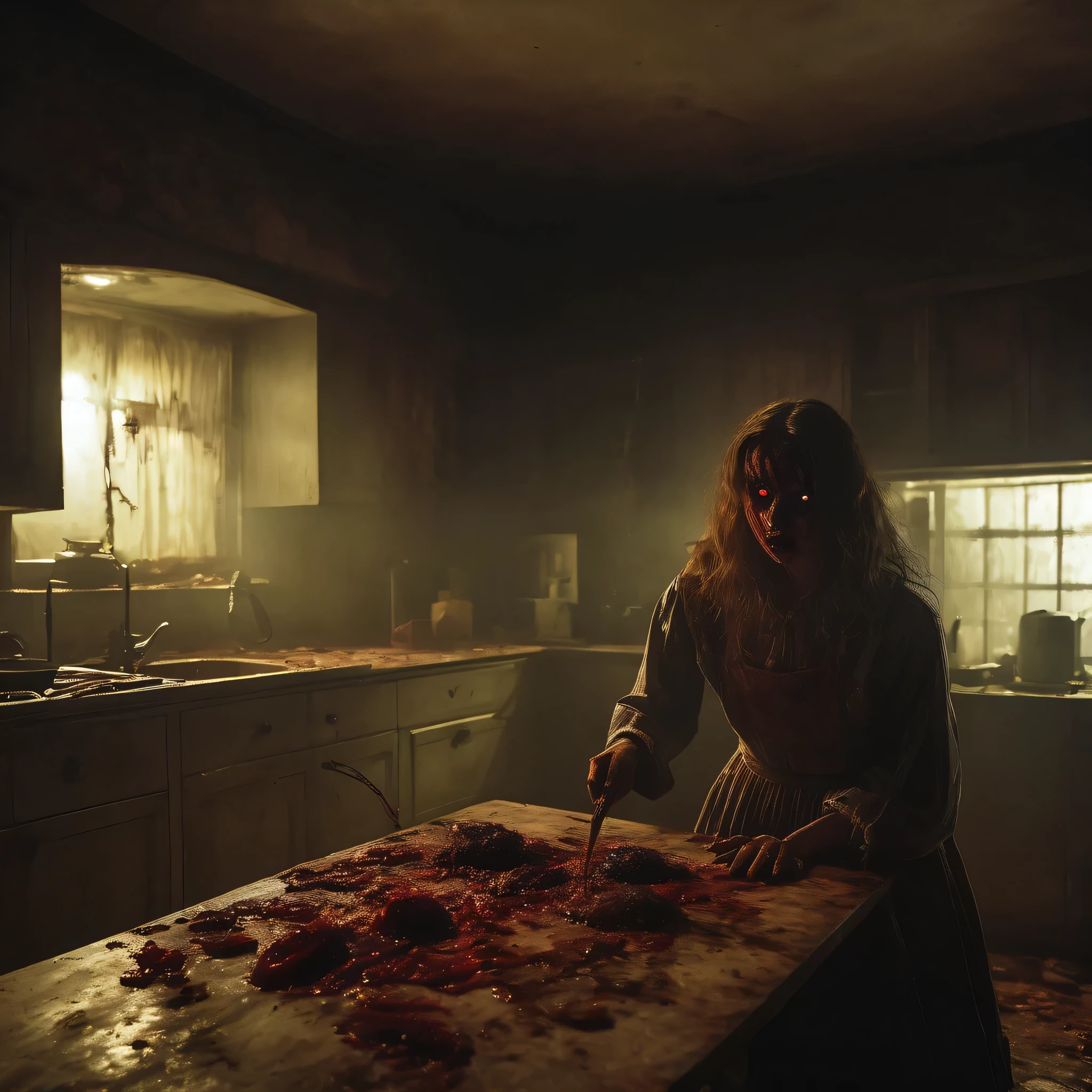 (masterpiece, best quality:1.2), horror scene, knife, dark rooms, glowing eyes, girl, kitchen, cannibals, gore, UHD, HDR, 8k, ultra-wide angle, award winning