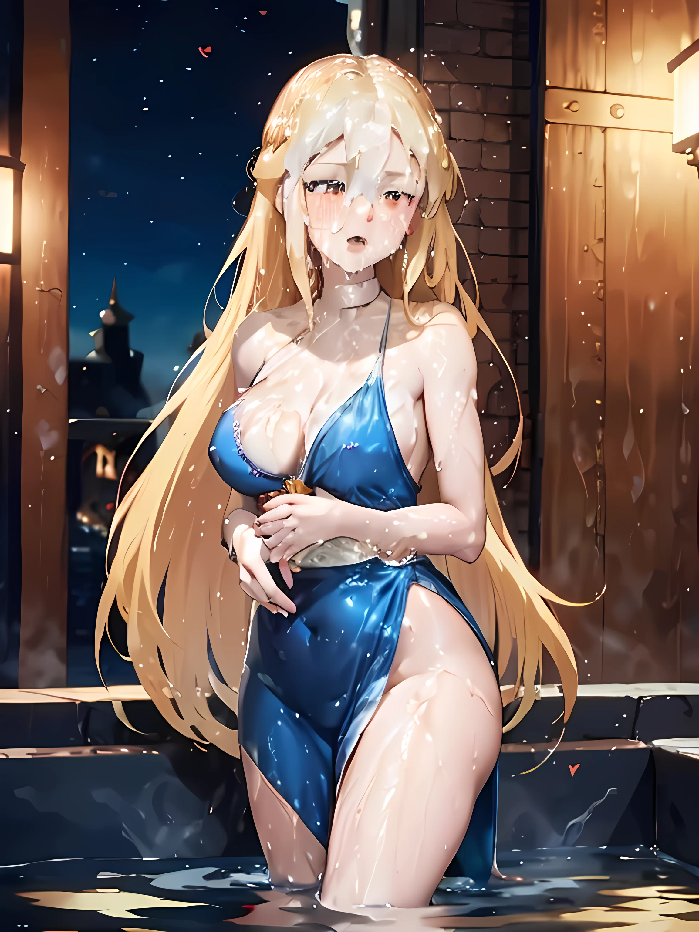 blonde very long hair, red eyes, wearing a sexy blue dress, side slit, ultrasharp, looking at the viewer, ((best quality)), ((masterpiece)), (detailed), perfect face, big breast, sexy body, sexy woman besides her, hugged, An anime scene of two girls hugging and kissing intensely, with hearts and sparkles floating around them as they stand in pool of water