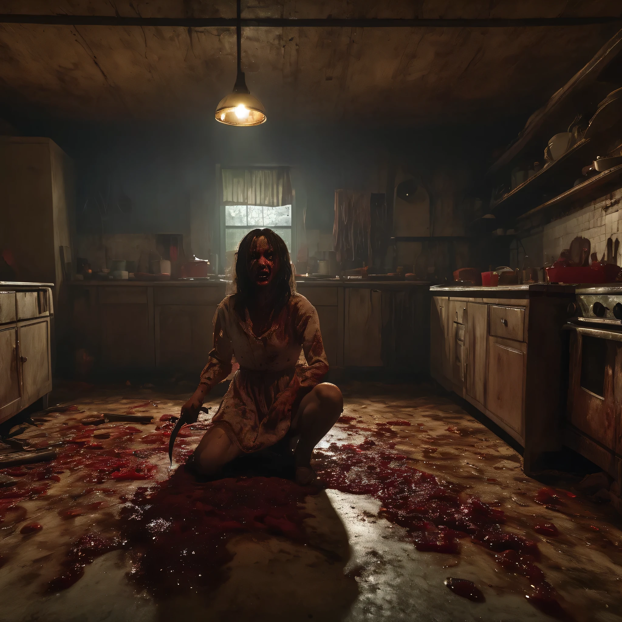 (masterpiece, best quality:1.2), horror scene, knife, dark rooms, glowing eyes, girl, kitchen, cannibals, gore, UHD, HDR, 8k, ultra-wide angle, award winning