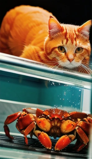 close-up photography (orange cat:1.2), Cooking River Crab, (c4 attitude:1.3), In the glass tech kitchen, Surrealism, Intricate details, (it's foggy:1.1), View from below