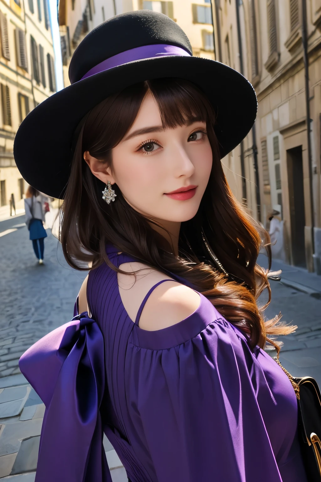 Close-up of woman wearing purple dress and hat with Florence buildings background, 