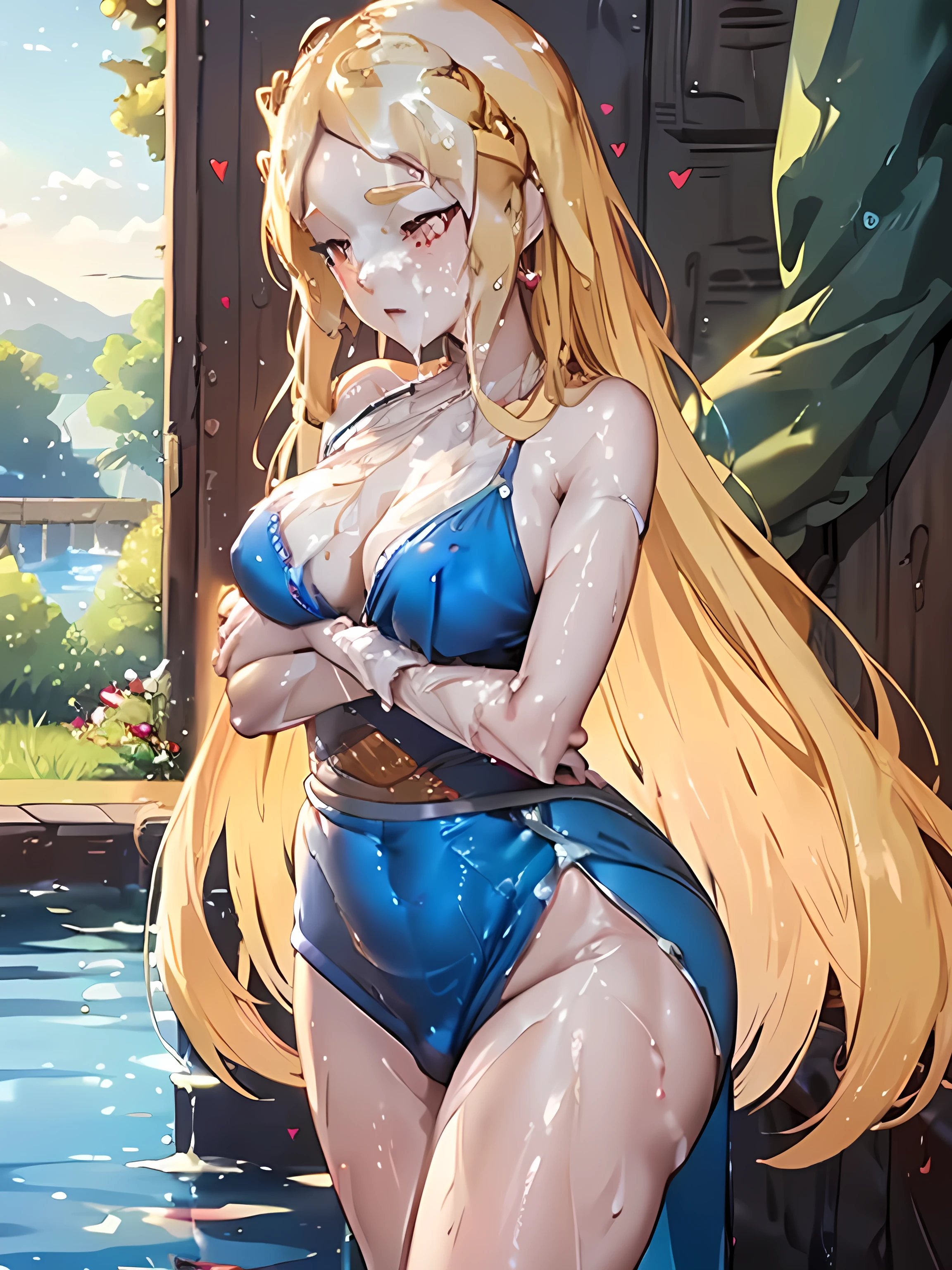 blonde very long hair, red eyes, wearing a  blue dress, side slit, ultrasharp, looking at the viewer, ((best quality)), ((masterpiece)), (detailed), perfect face, big ,  body,  woman besides her, hugged, An anime scene of two girls hugging and kissing intensely, with hearts and sparkles floating around them as they stand in pool of water
