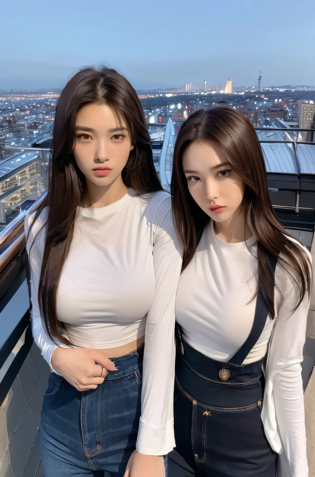((Midnight, Best quality, 8k, Masterpiece :1.3)), Whole body, Long legs, Sharp focus :1.2, (Female twins with perfect figure), Slender abs :1.1, ((Dark brown hair, Big breasts :1.2)), (White tight tshirt, Jean bib, Standing:1.2), ((Night city view, Rooftop:1.3)), Highly detailed face and skin texture, Detailed eyes, Double eyelid