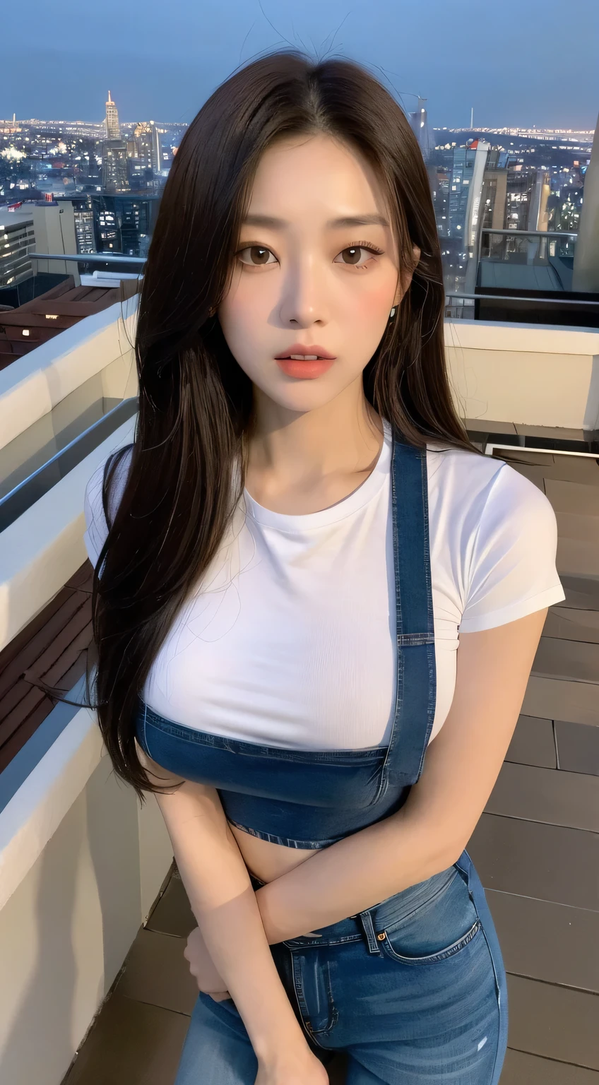 ((Midnight, Best quality, 8k, Masterpiece :1.3)), Whole body, Long legs, Sharp focus :1.2, Female twins with perfect figure :1.4, Slender abs :1.1, ((Dark brown hair, Big breasts :1.2)), (White tight tshirt, Jean bib, Standing:1.2), ((Night city view, Rooftop:1.3)), Highly detailed face and skin texture, Detailed eyes, Double eyelid