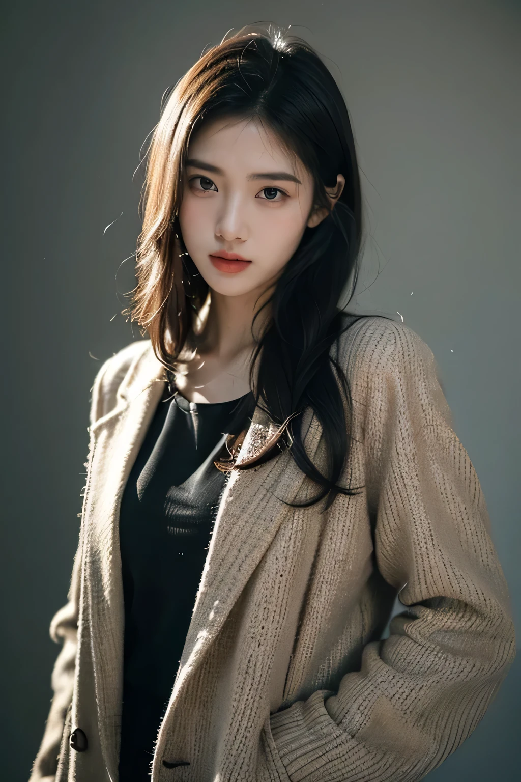 21-year-old girl, flowing long black hair, Standing confidently in front of a bright solid color background. She is wearing a stylish coat,Highlights her youthful charm. Her beautiful and delicate eyes teased mischievously, Capturing a sense of mischief and. Best image quality, With ultra-fine functions,Can present the realism and authenticity of artworks. Lighting is carefully designed, Highlighting her delicate features and casting soft shadows. The overall color tone is bright and eye-catching, Enhance the visual impact of the scene.