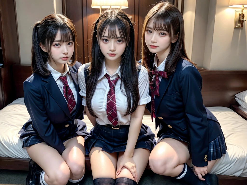 muster piece, best quality, illustration, Super detailed, fine details, High resolution, 8K,wall paper, perfect dynamic composition,(Details High quality, realistic depiction of eyes:1.3), ((2 girls, 2 schoolgirls)), The background is a luxury hotel room、High school girl uniform、blazer 、Super Short Check Uniform Skirt、Navy blue high socks、garterbelts、Colossal tits、Disturbed uniform, Play with each other,Touching each other's bodies,Touching the body of the girl next door, short bob hair, black hair color, huge breasts, Big Natural Color Lip, bold sexy pose, (perfect body shape), crying a little、cold gaze, Harajuku style、Beautiful makeup,glitter makeup,Cutest 18 years old, beautiful legs, hposing Gravure Idol, Voluptuous thighs