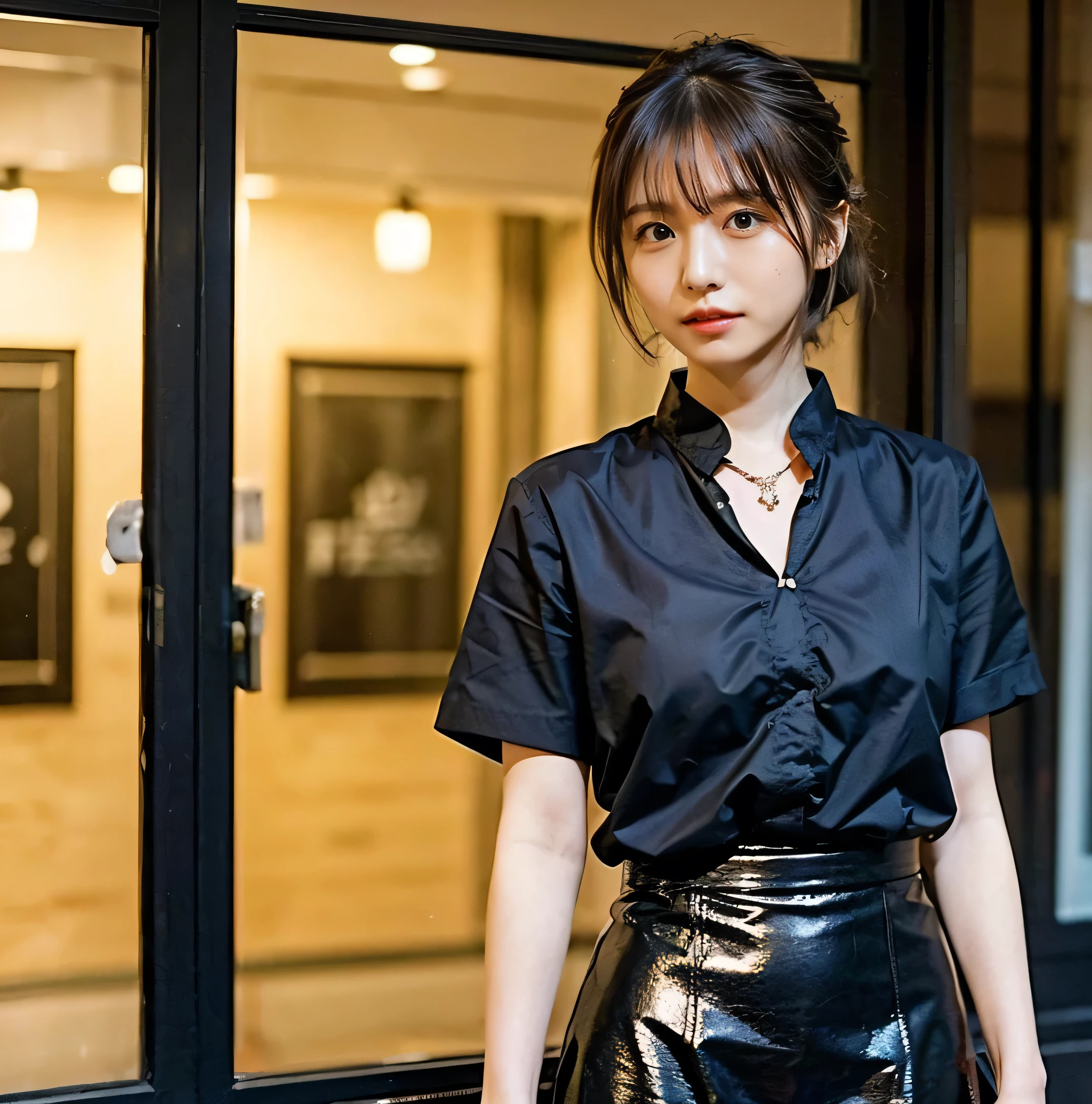 、((Close-up shot from the waist up、Big Breasts:1.4))、Swollen breasts、Big Breasts、Smile、Silk clothing、Big Breasts that can be seen even through clothes、Braided hair only for the bangs、Cowboy Shot、A luxurious white collared silk shirt and brown skirt、Elegant attire、A luxurious bag、In front of a stylish cafe with illuminations、A lovely smile、((Nagoya street corner))、Full body photo、ring、Luxurious clothing、Short skirt、Tuck your hair behind one ear、Silver Necklace、smile、 elegant ponytail、Caustics、Highly detailed photos、Very beautiful eyeedium Short Hair、Large Breasts、Super no makeup、(8k、RAW Photos、highest quality、masterpiece:1.2)、(Realistic、Realistic)、1 girl、((Medium Short Hair、Looking into the camera:1.4))、Hair blowing in the wind