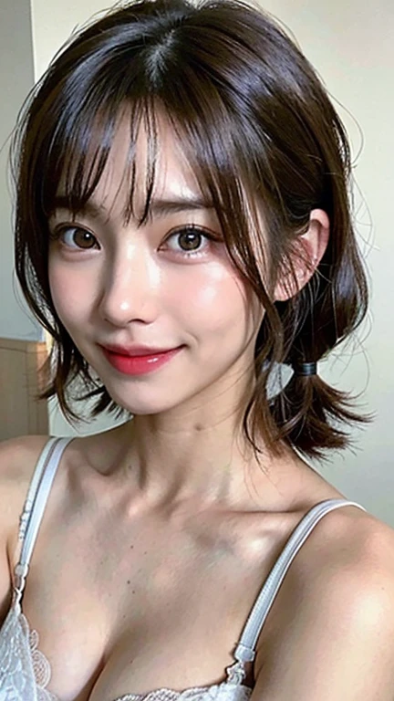 (masterpiece:1.3), (8k, Photorealistic, Raw photo, Best image quality: 1.4), Japanese 、(Random Hairstyles:1.2)、Cleavage:1.2、Super detailed face、Attention to detail、double eyelid、Put your chest together、Sharp focus:1.2、Beautiful woman:1.4、Light brown hair、highest quality、masterpiece、超A high resolution、(Photorealistic:1.4)、Highly detailed and professionally lit smile、Nipples、Shoulders out、thin、Serious expression、Short-haired、Deadly position