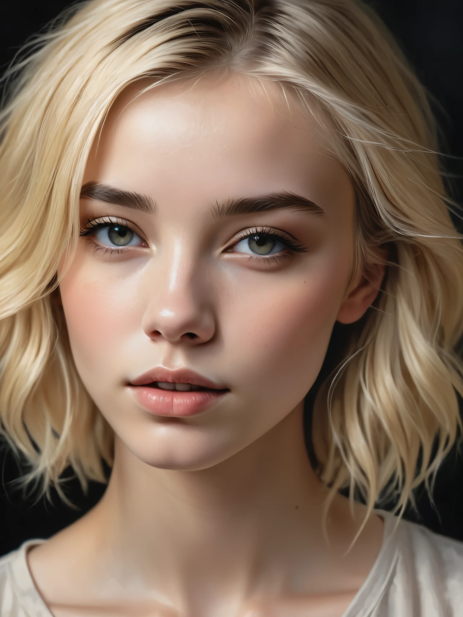 a young woman, blonde, dark theme, soothing tones, muted colors, high contrast, (natural skin texture, hyperrealism, soft light, sharp)
