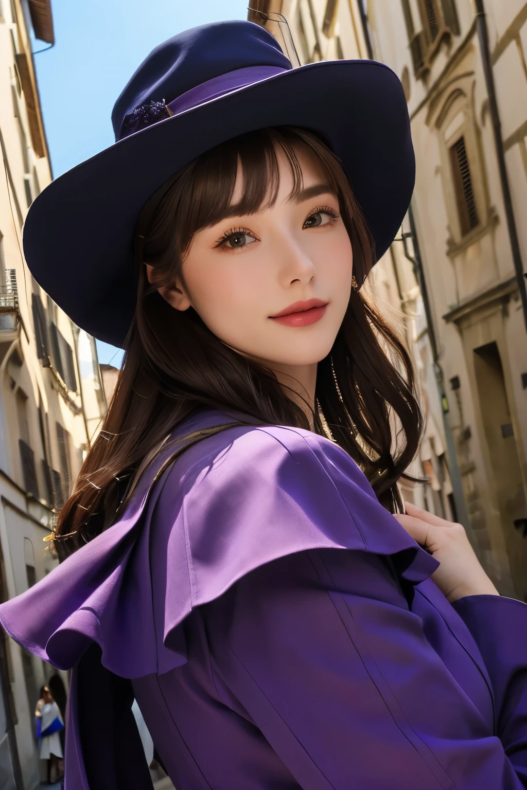 Close-up of woman wearing purple dress and hat with Florence buildings background, 