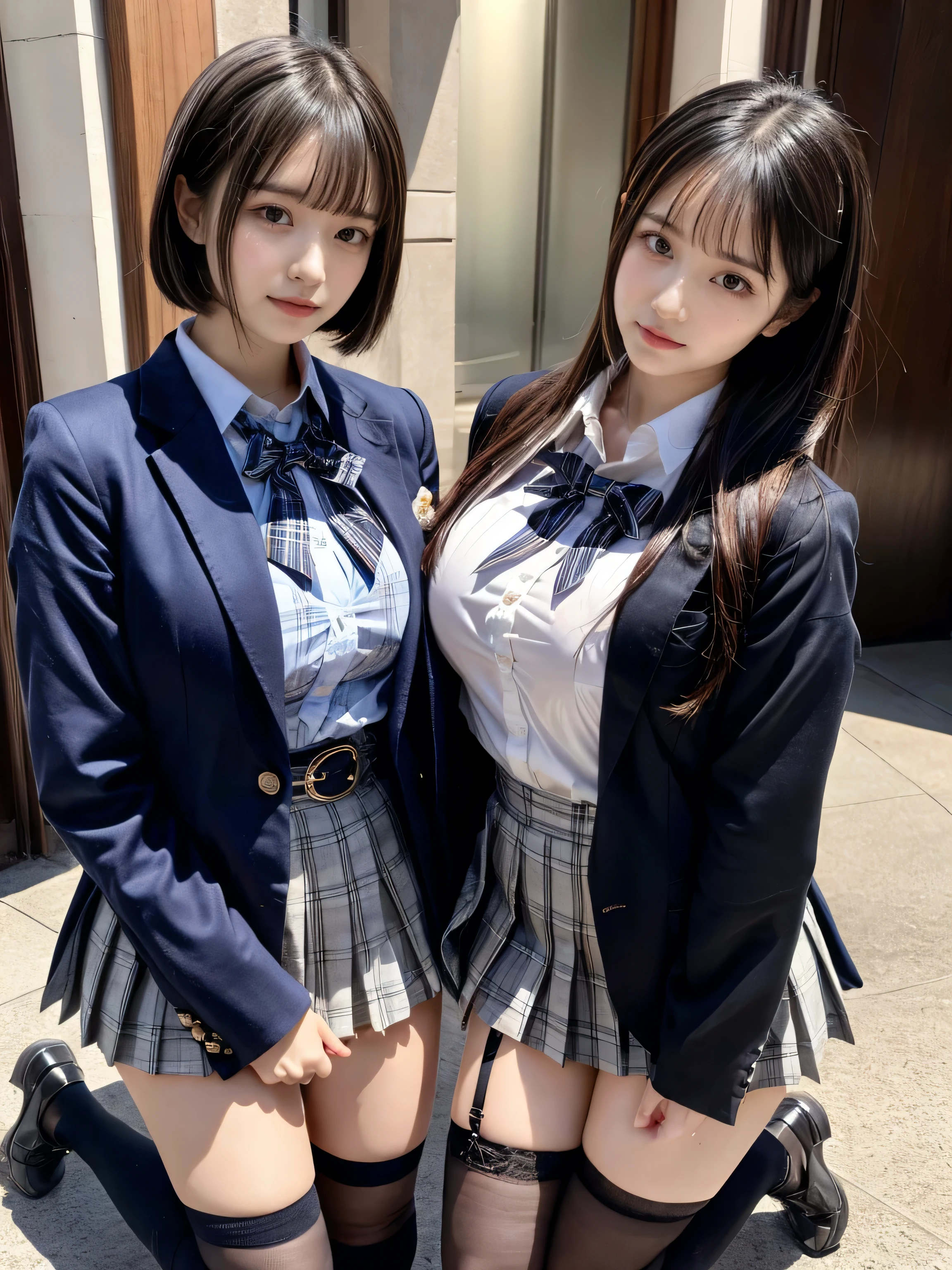 (8K, Raw photography, top-quality, masterpiece:1.2), muster piece, best quality, illustration, Super detailed, fine details, High resolution, 8K,wall paper, perfect dynamic composition,(Details High quality, realistic depiction of eyes:1.3), ((2 girls, 2 schoolgirls)), The background is a luxury hotel room、High school girl uniform、blazer 、Super Short Check Uniform Skirt、Navy blue high socks、garterbelts、Colossal tits、Disturbed uniform, Play with each other,Touching each other's bodies,Touching the body of the girl next door, short bob hair, black hair color, huge breasts, Big Natural Color Lip, bold sexy pose, (perfect body shape), crying a little、cold gaze, Harajuku style、Beautiful makeup,glitter makeup,Cutest 18 years old、 beautiful legs, hposing Gravure Idol, Voluptuous thighs