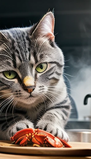 close-up photography of (grey tabby cat:1.2), cooking crab (c4ttitude:1.3), in glasstech kitchen, hyper realistic, intricate detail, (foggy:1.1), pov from below