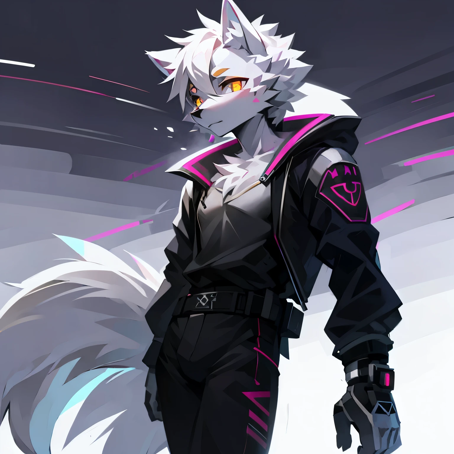 cyber punk perssonage，epcot，Tech style，solo person，White body，White ears，White hair，Overall white，Orange-yellow eyes，Wolf tail，Wolf orcs，Young，Wear a short-sleeved shirt，Ultra-clear screen，Soft lines