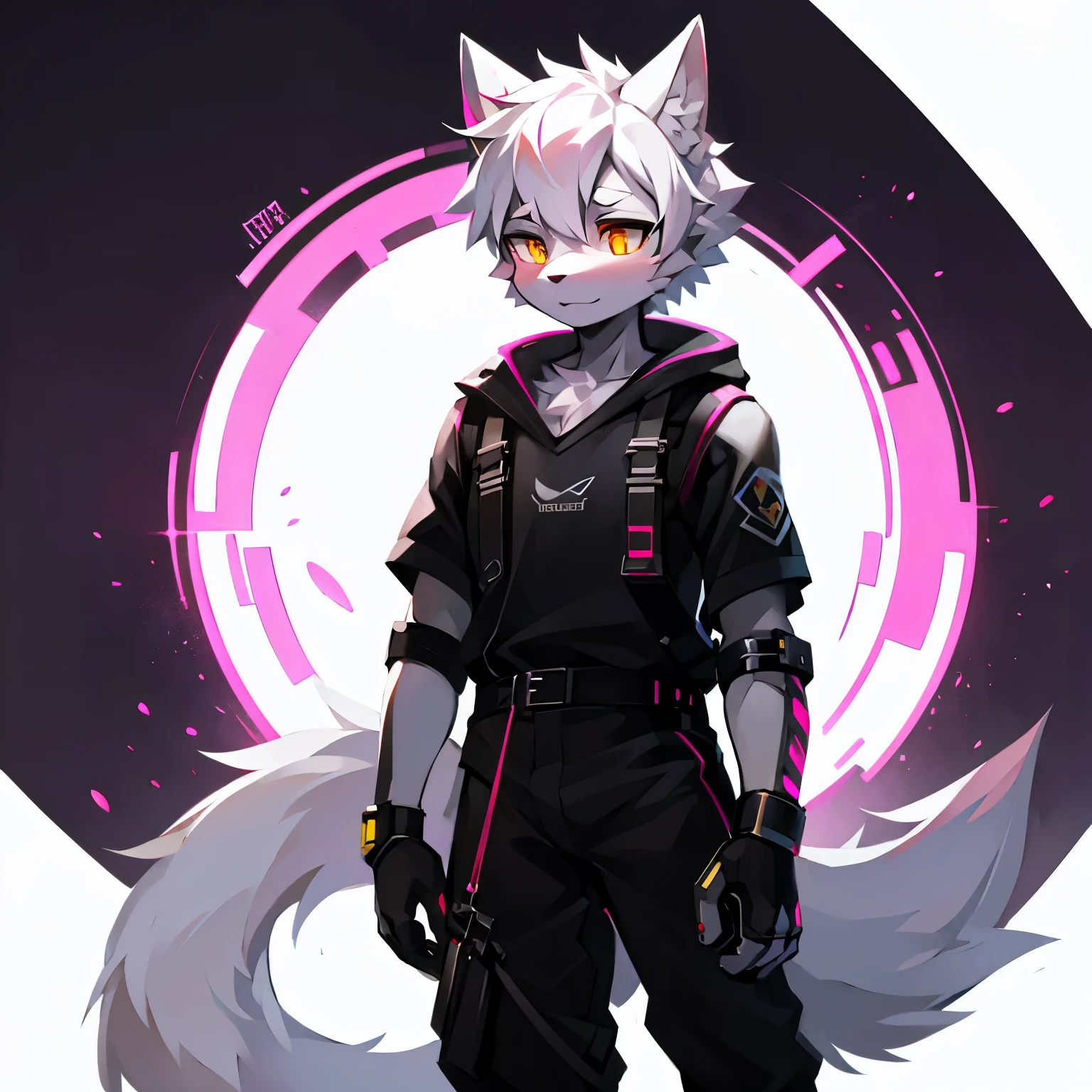 cyber punk perssonage,epcot,Tech style,solo person,White body,White ears,White hair,Overall white,Orange-yellow eyes,Wolf tail,Wolf orcs,Young,Wear a short-sleeved shirt,Ultra-clear screen,Soft lines