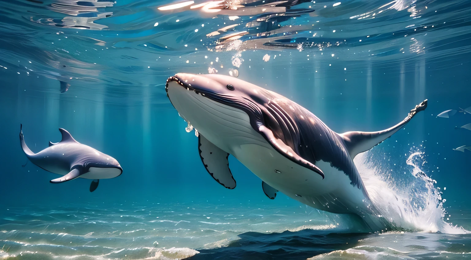 Pixar style，masterpiece,high quality,Maximum resolution,Intricate details，Very cute little whale，，Swimming freely in the sea，Clear, realistic water，Ray tracing，real