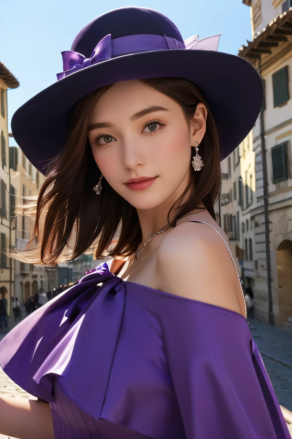 Close-up of woman wearing purple dress and hat with Florence buildings background,