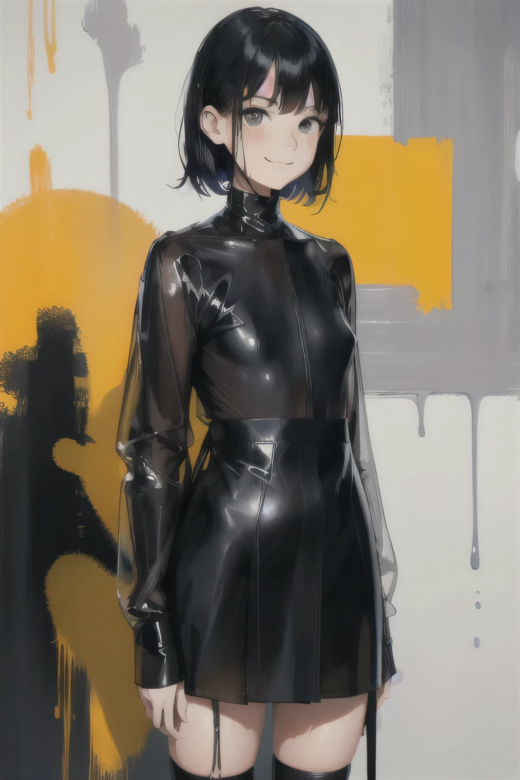 8 year old girl, Solitary, rest， Double tail, Black Hair, Bangs, Long eyelashes, beautiful eyes, full，Yellow and black, c lips, Uniforms，Short skirt，Knee socks, Lando Seru Backpack,(many, Impressionism, painting)、Disheveled、Clothing that fits snugly,Chest contour、(((Wet clothing))(((Ultra-thin clothing))),((Flesh outline)),Grinning