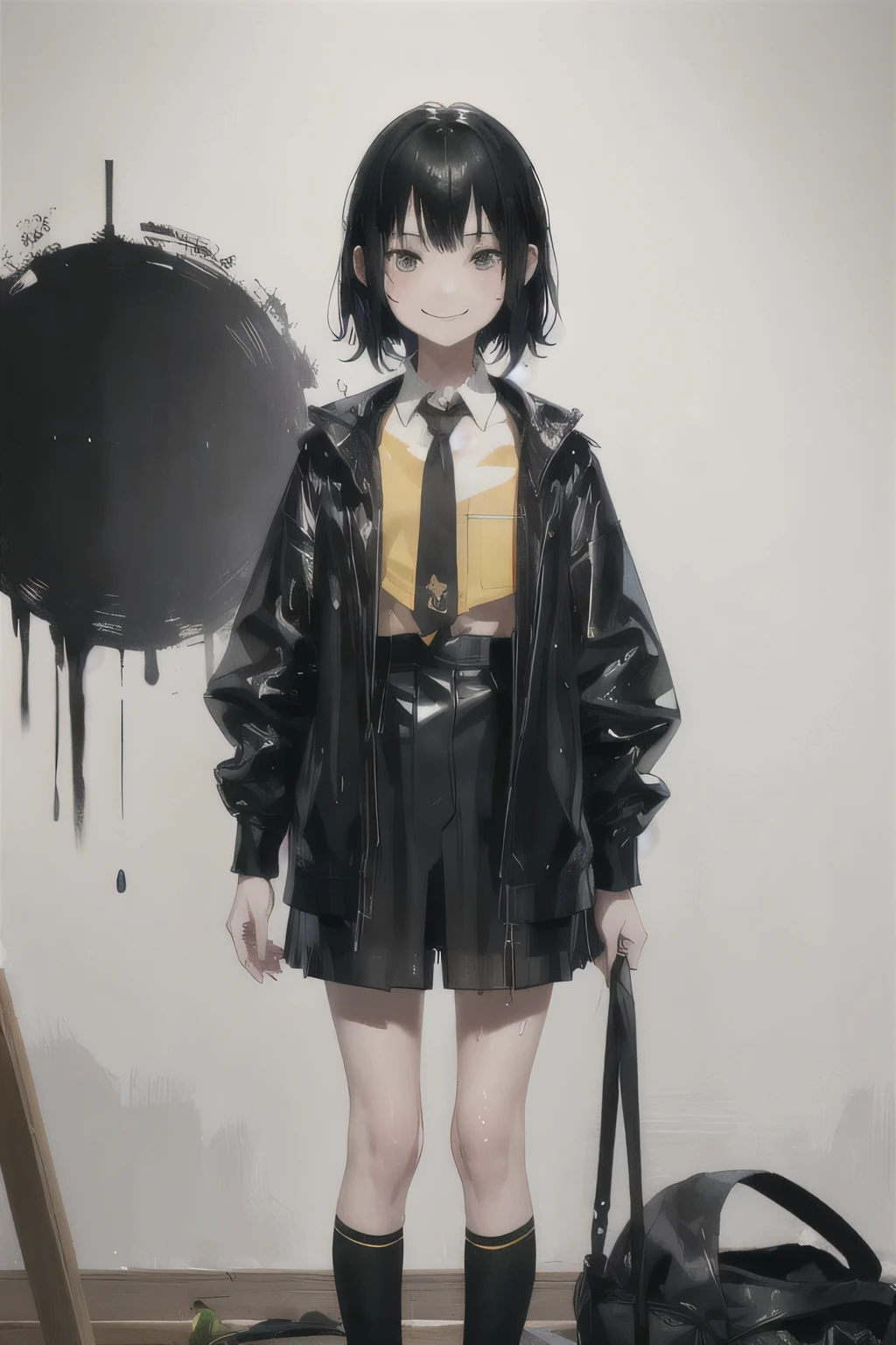 8 girl, Solitary, rest, Double tail, Black Hair, Bangs, Long eyelashes, beautiful eyes, full,Yellow and black, c lips, Uniforms,Short skirt,Knee socks, Lando Seru Backpack,(many, Impressionism, painting)、Disheveled、Clothing that fits snugly,Chest contour、(((Wet clothing))(((Ultra-thin clothing))),((Flesh outline)),Grinning