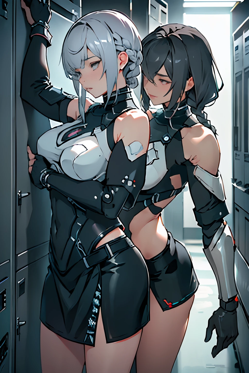 ((Masterpiece, top quality, high resolution)), ((highly detailed CG unified 8K wallpaper)), (huge stunning goddess shot, very hot and sexy, jaw-dropping beauty, perfect proportions, beautiful body, slim body beauty:1.1), cryptic girl, (2 Girls ,Black clothes, White clothes, Black short Hair, silver long hair, fight side by side), (A girl with long silver hair in a braid and short black hair), biomechanical breastplate, cybersuits, wearing shiny breastplate, shiny plastic armor, cyberpunk, long white_gloves, shiny hi tech armor, black-white skintight suits, wearing techwear and armor, black shiny armor, Armor on bare skin, long gloves, Bare shoulders, black miniskirt, thighs, shiny armor, dynamic pose. two girls hugging in locker room,