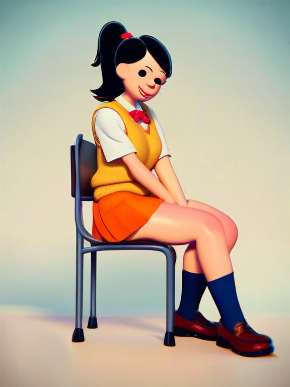 score_9_up,score_8_up,score_7_up, score_6,score_5,score_4, akiko, 1girl, black hair, solo, ponytail, sweater vest, school_uniform, orange skirt, socks, shirt, short sleeves, shoes, smile,looking at viewer, american dad,dot pupils, sitting on chair