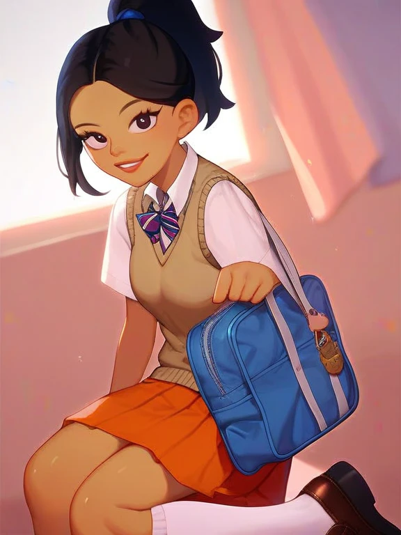 score_9_up,score_8_up,score_7_up, score_6,score_5,score_4, akiko, 1girl, black hair, solo, ponytail, sweater vest, school_uniform, orange skirt, socks, shirt, short sleeves, shoes, smile,looking at viewer, american dad,dot pupils, sitting on chair