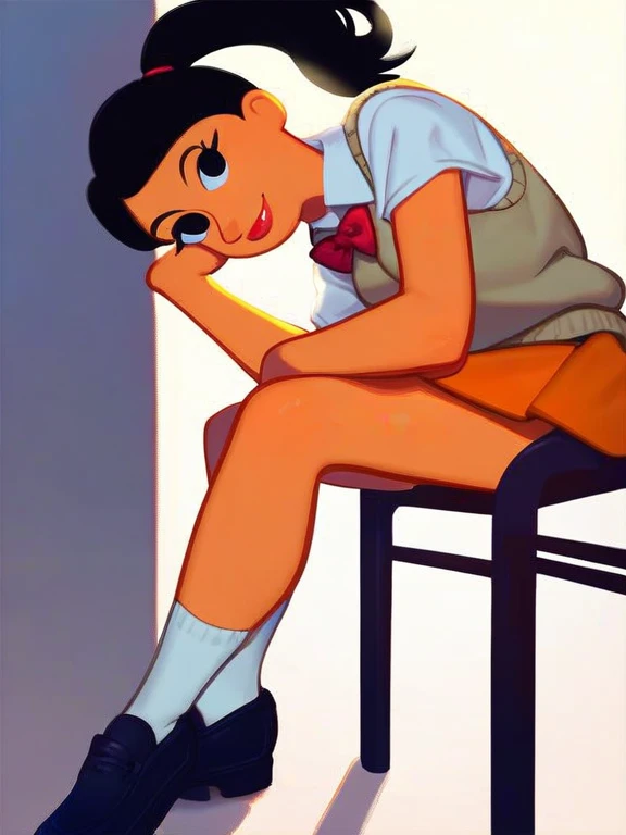 score_9_up,score_8_up,score_7_up, score_6,score_5,score_4, akiko, 1girl, black hair, solo, ponytail, sweater vest, school_uniform, orange skirt, socks, shirt, short sleeves, shoes, smile,looking at viewer, american dad,dot pupils, sitting on chair