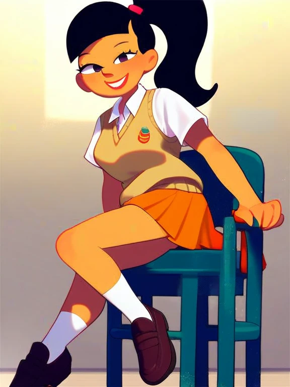 score_9_up,score_8_up,score_7_up, score_6,score_5,score_4, akiko, 1girl, black hair, solo, ponytail, sweater vest, school_uniform, orange skirt, socks, shirt, short sleeves, shoes, smile,looking at viewer, american dad,dot pupils, sitting on chair