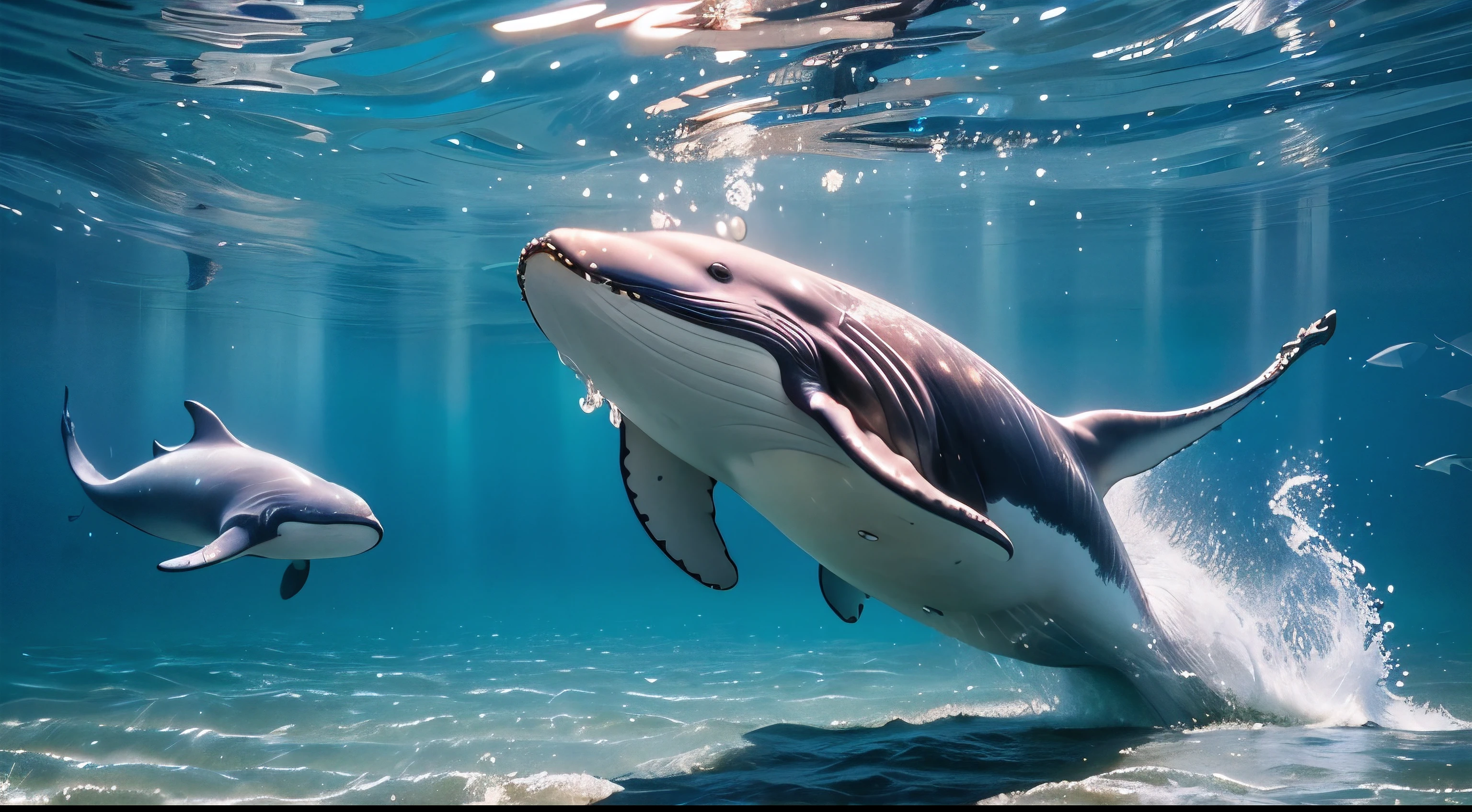 Pixar style，masterpiece,high quality,Maximum resolution,Intricate details，Very cute little whale，，Swimming freely in the sea，Clear, realistic water，Ray tracing，real