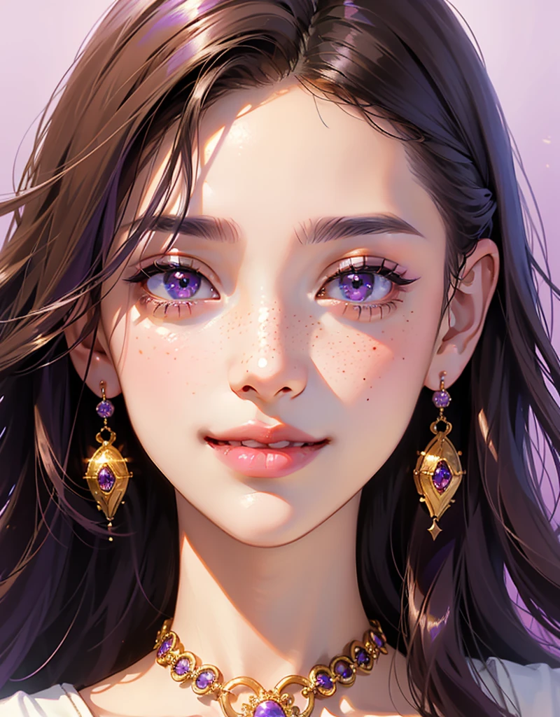 1 girl, 25 years old, south korean, idol, masterpiece, perfect face, soft skin, freckles under eyes, long whavy brown hair, shiny purple eyes, light purple lips, natural makeup, red eyeliners, happy, big smile, purple earrings, gold necklase, facing the spectator, portrait, close up, face focus.