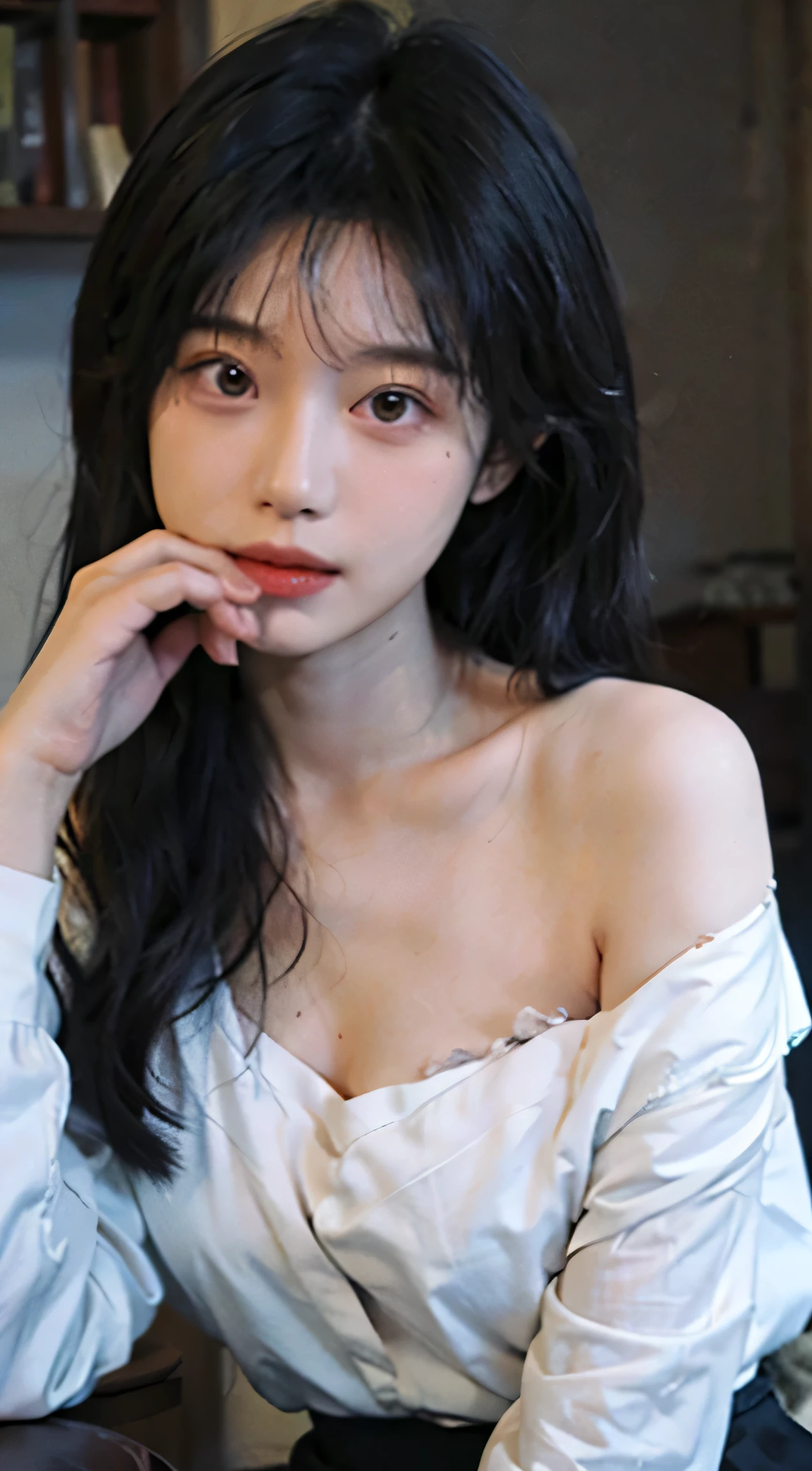 best qualtiy, Ultra-high resolution, (realisticlying:1.4), 1 girl, A pair of peach blossom eyes,Off-shoulder white shirt, Black tight skirt, (Faded gray-gray hair:1.4), (big cleavage breasts:1.2), closeup cleavage ,