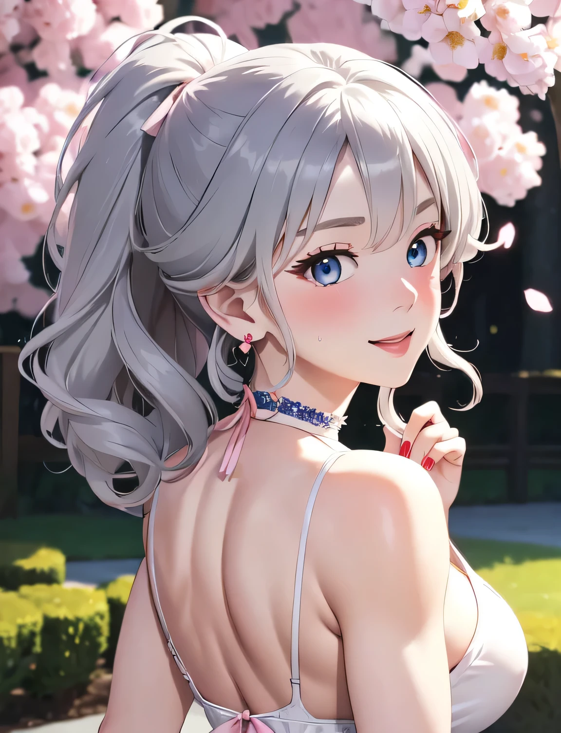 (((masterpiece))), ShizukaMikazuki, One Girl, alone, View your audience, Gray Hair, Cleavage, ((Very large breasts)),Big Ass,blue eyes,Big eyes,clavicle, Mature Body,Attractive body,(Trained abdominal muscles),High resolution, highest quality, super high quality,3D Images、Kumiko、3D Images、beautiful flower々Garden in full bloom、Gray Hair、Wavy Hair、Very detailed CG Unity 8k wallpaper, [3D Images:1.15],Attractive eyes、[[Fine grain、blue eyes、Shining Eyes:1.15]], , Very detailed,Thin fingers、Front view、Cinema Lighting、Make your face a little smaller,Enlarge your breasts,expensive,Blushing,High Ponytail,Sweaty all over,White Breath,Black Ribbon,Charm choker,smile,Earrings,garden,Big eyes,Glossy red lipstick,(Pink Nails),Blur the background,(Big Ass),((Looking Back)),Tilt your head